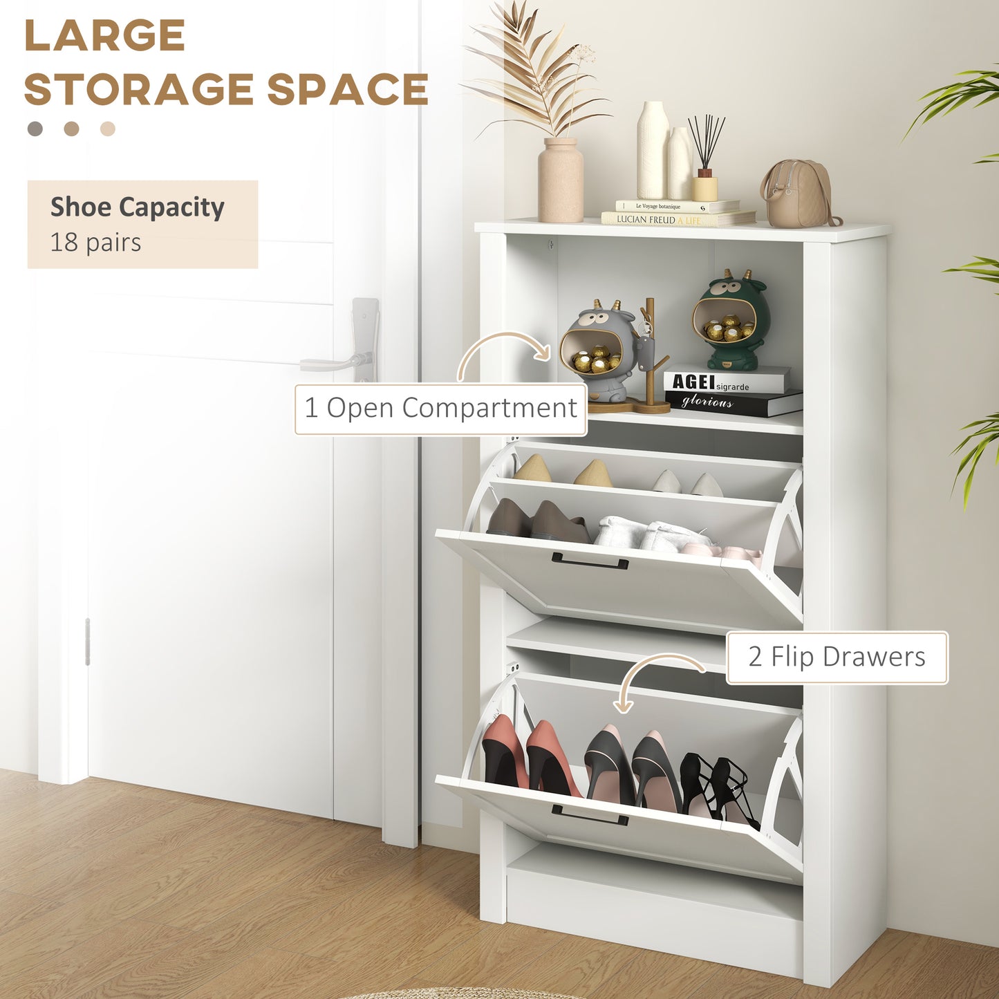 HOMCOM Modern Narrow Shoe Cabinet With 2 Flip Drawers And Adjustable Shelves, White, Holds 10 Pairs For Entryway Hallway