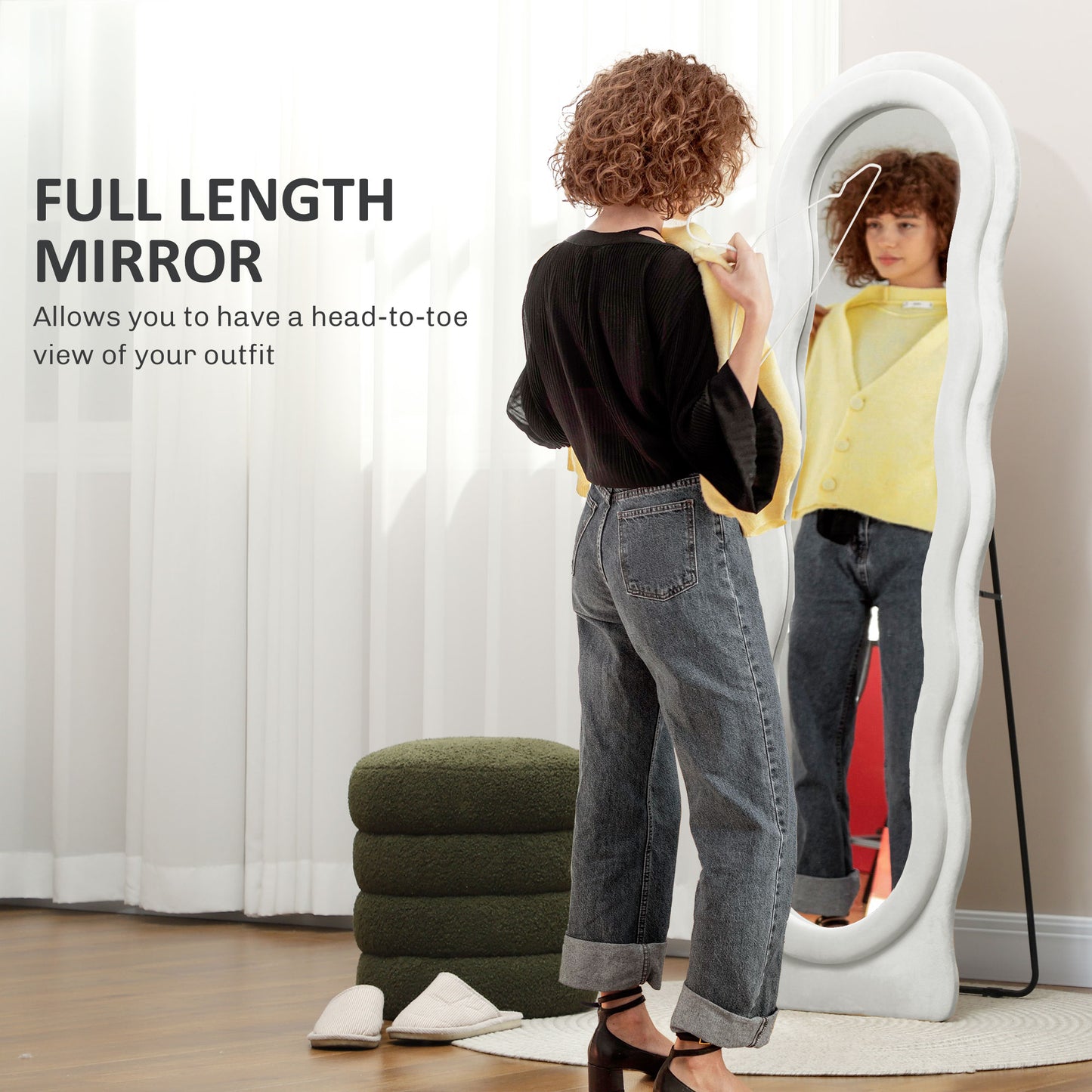 HOMCOM Wavy Velvet Feel Full Length Mirror White Standing Mirror For Modern Bedroom