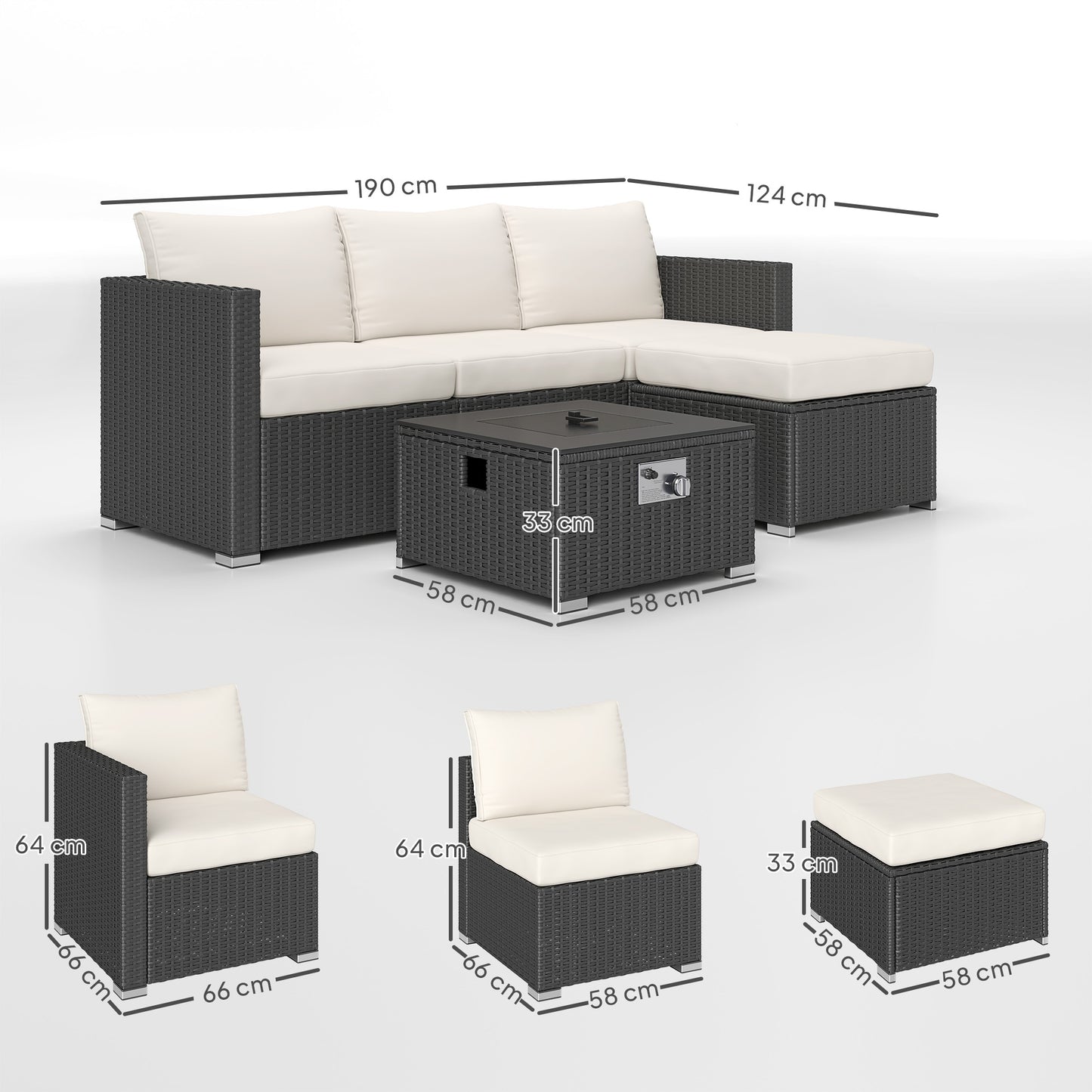 Outsunny Five Piece Rattan Garden Furniture Set With Gas Fire Pit Table And Footstool In Black And Cream White