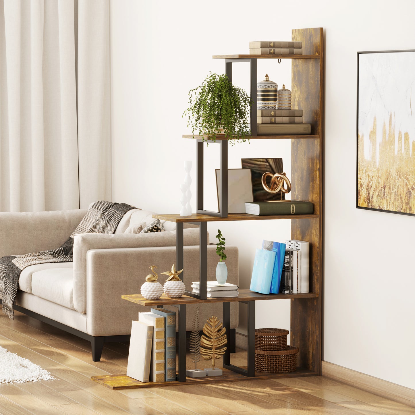 HOMCOM 5 Tier Bookcase Wooden Ladder Bookshelf Display Stand Rustic Brown For Home Office Living Room