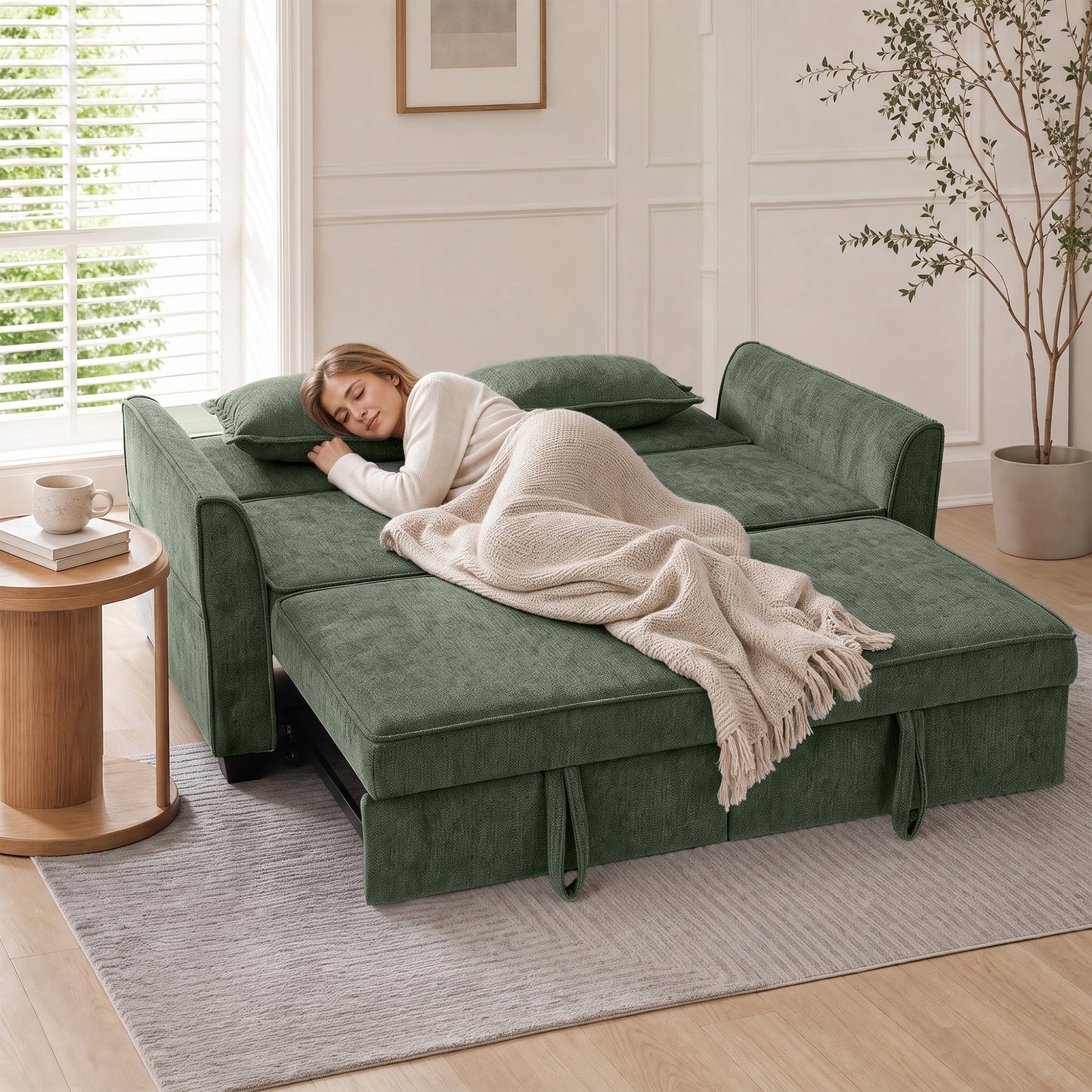 HOMCOM 2 Seater Sofa Bed 4-In-1 L-Shaped Convertible Pull-Out Sleeper Sofa Dark Green With Adjustable Backrest