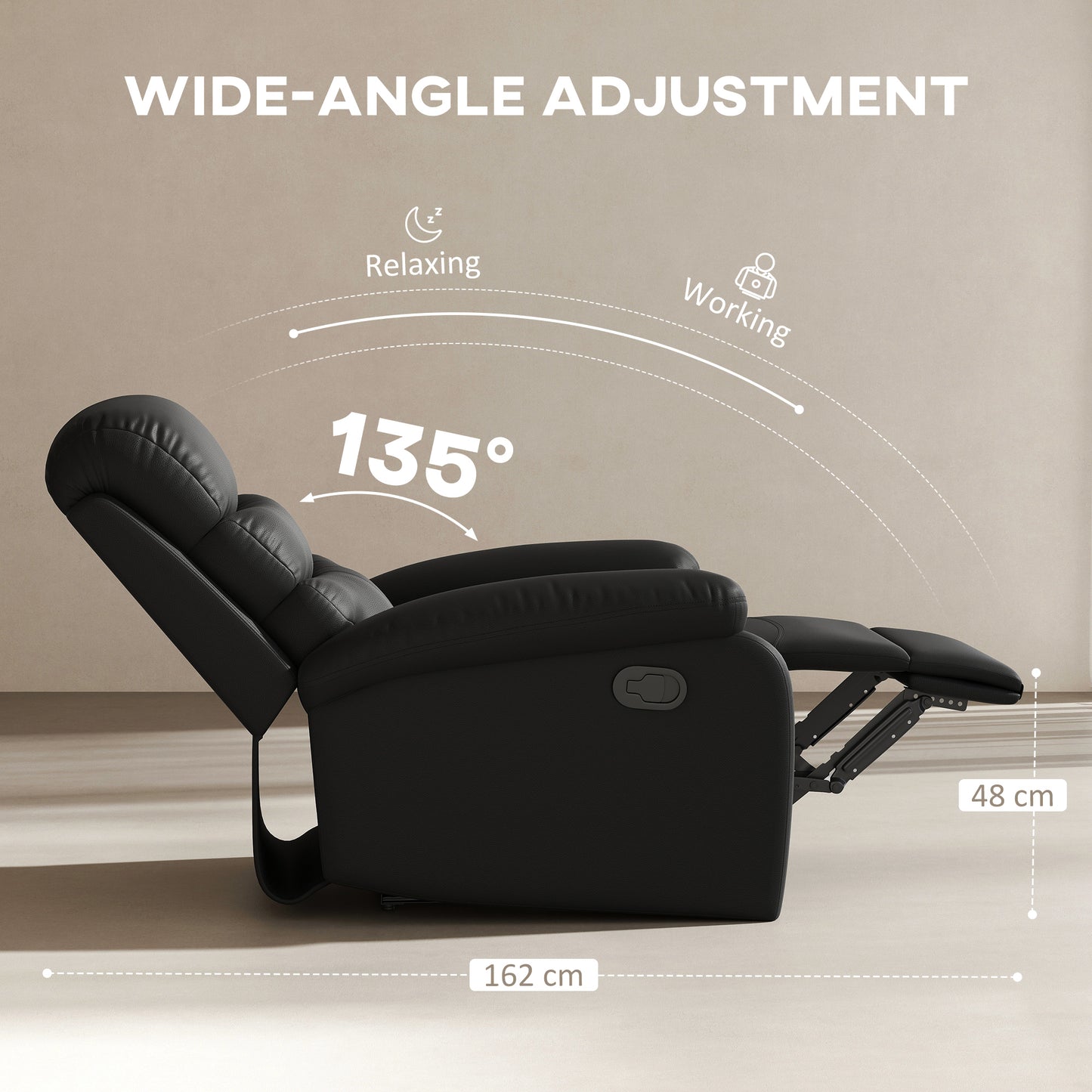 HOMCOM PU Leather Reclining Chair Manual Recliner With Padded Armrests Retractable Footrest Wood Frame Black