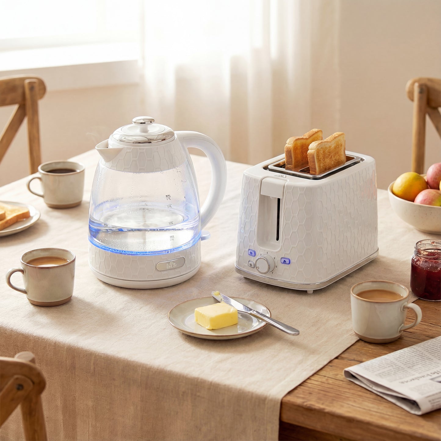 HOMCOM Kettle and Toaster Set 1.7L 3000W Rapid Kettle with Limescale Filter 2 Slice Toaster with 7 Browning Levels Cream
