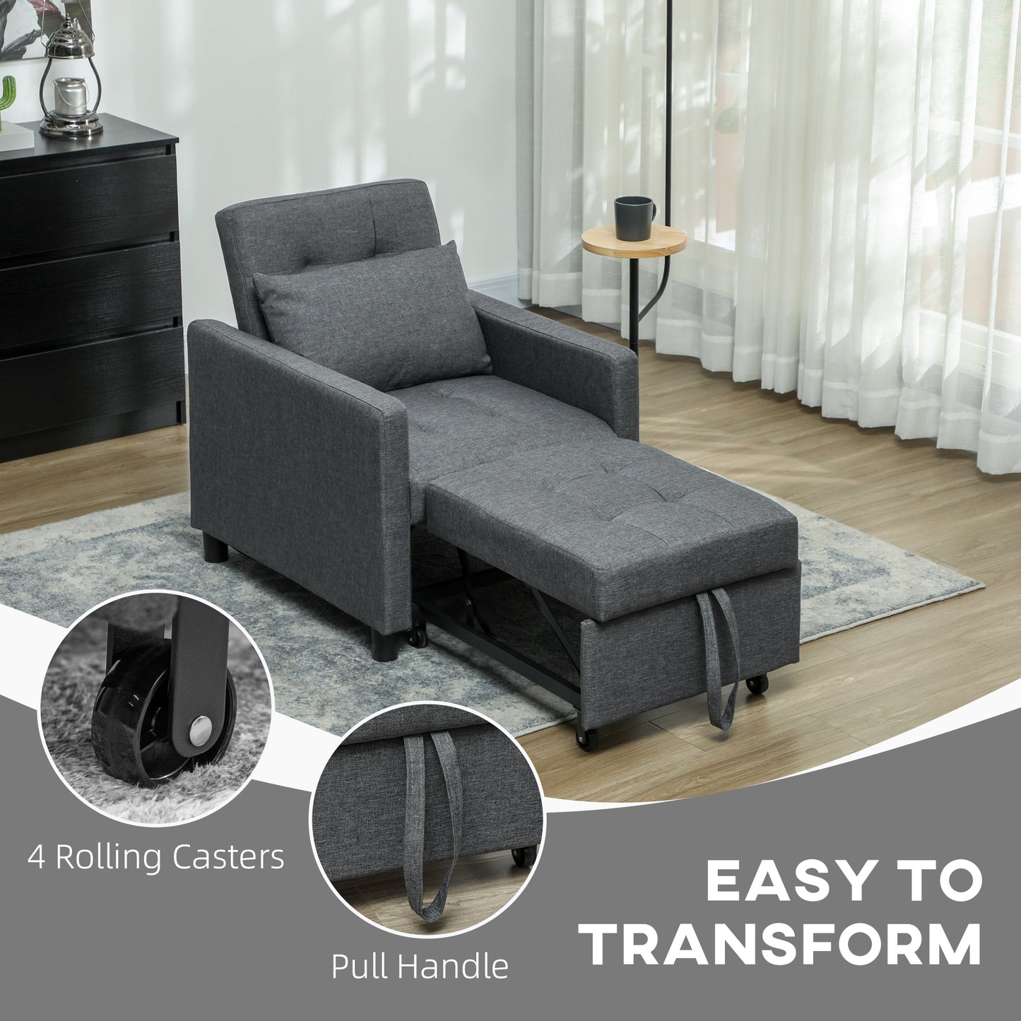 HOMCOM 3-In-1 Convertible Sleeper Chair Bed With Adjustable Backrest Pillow And Footrest For Living Room Dark Grey