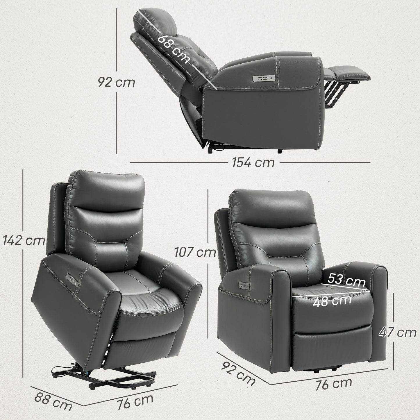 HOMCOM Power Lift Recliner Chair For Elderly With Overstuffed Faux Leather USB A C Ports Charcoal Grey