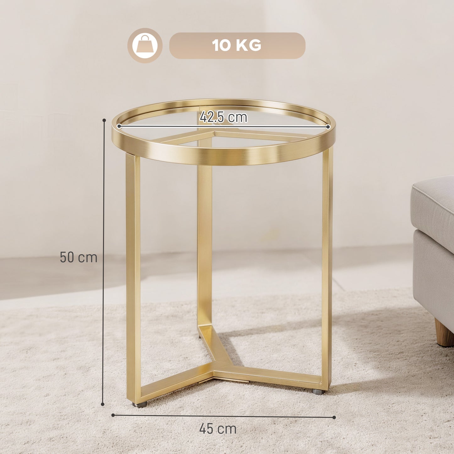 HOMCOM Round Glass Side Table With Tempered Glass Top And Geometric Metal Frame For Small Space Gold Tone