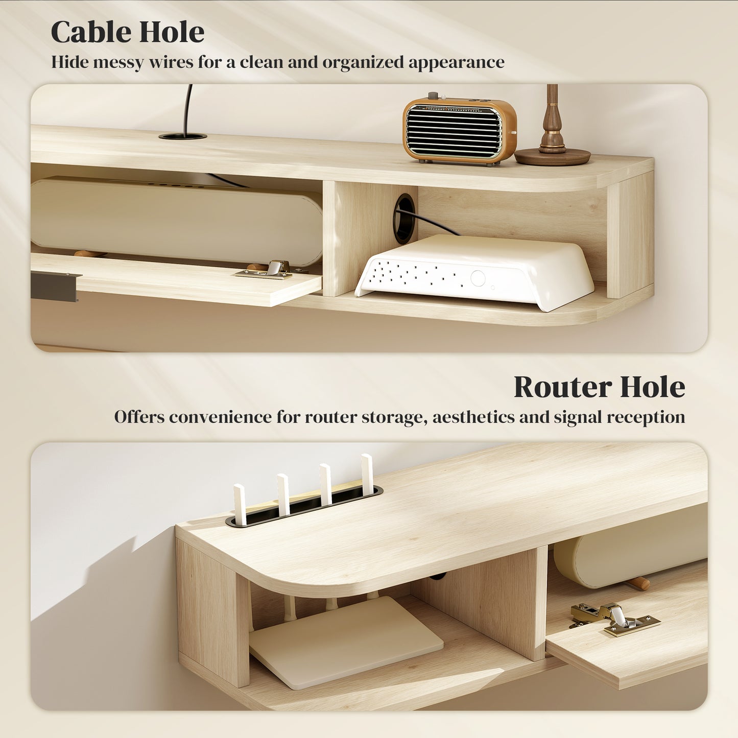 HOMCOM 120 Cm Floating TV Unit Wall Mounted For TVs Up To 50 Inch Natural Finish With Concealed Cables And Drawer