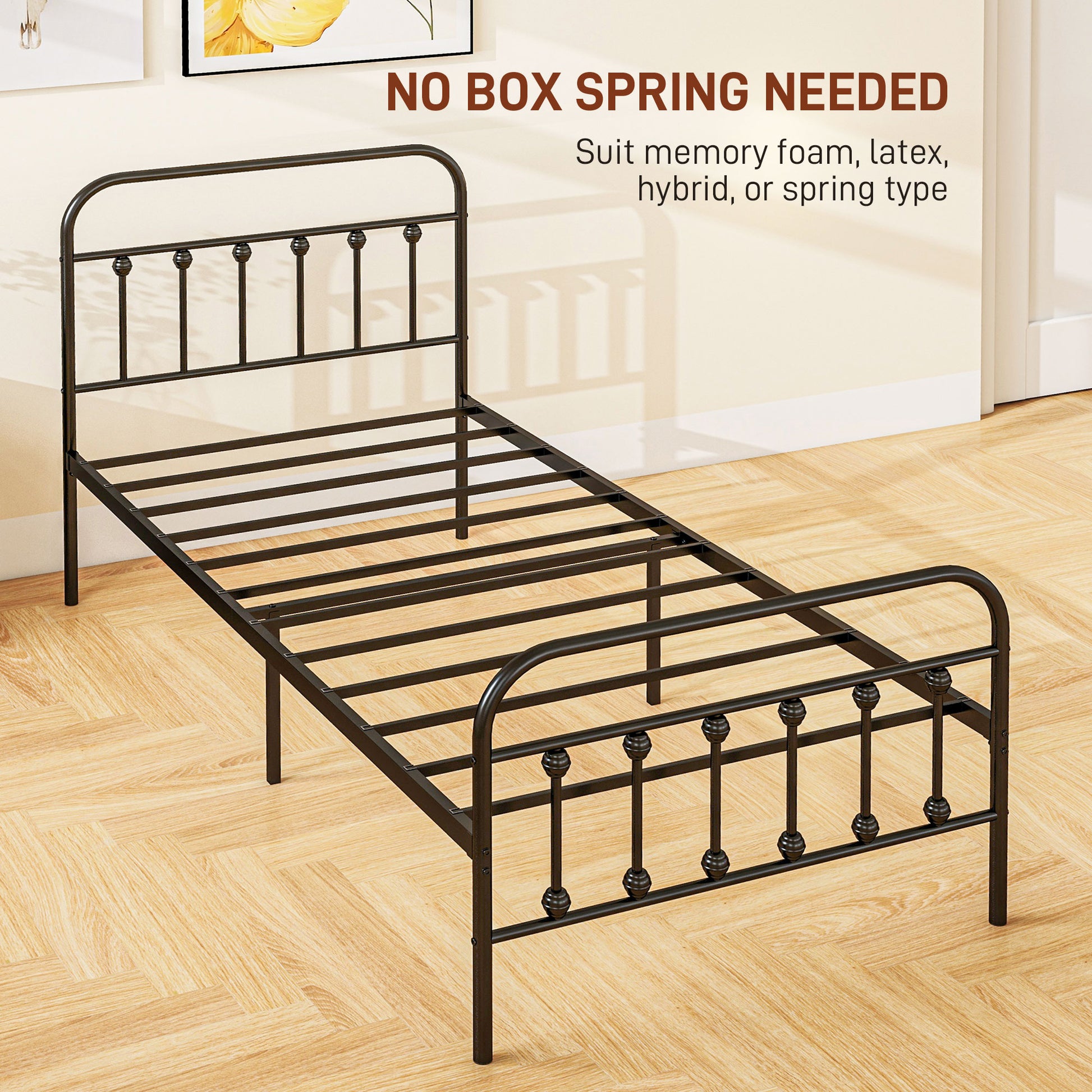 HOMCOM Minimalist 3ft Single Metal Bed Frame with Storage Space & Tall Headboard - No Box Spring Required, Easy Assembly, Black - ALL4U RETAILER LTD