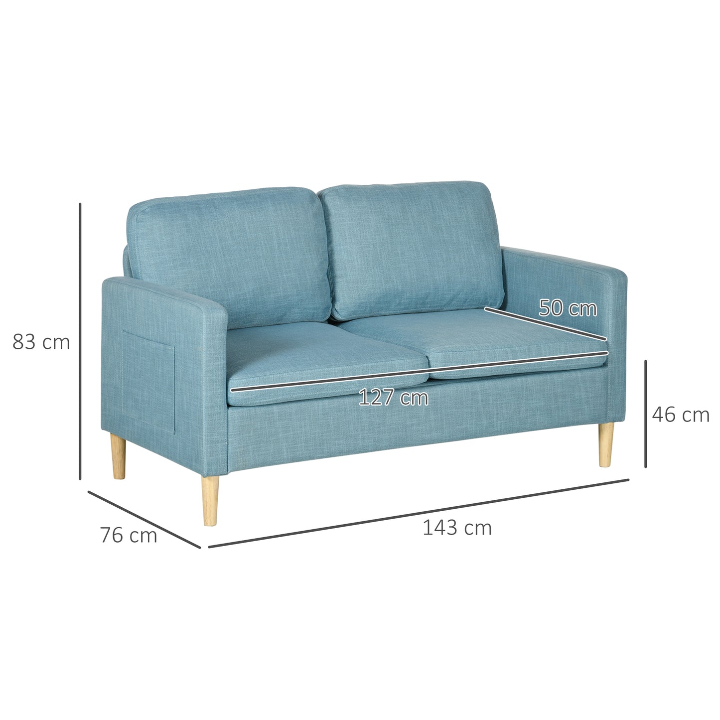 HOMCOM Modern Blue Loveseat Sofa with Storage Pockets and Wooden Legs for Living Room and Home Office - ALL4U RETAILER LTD