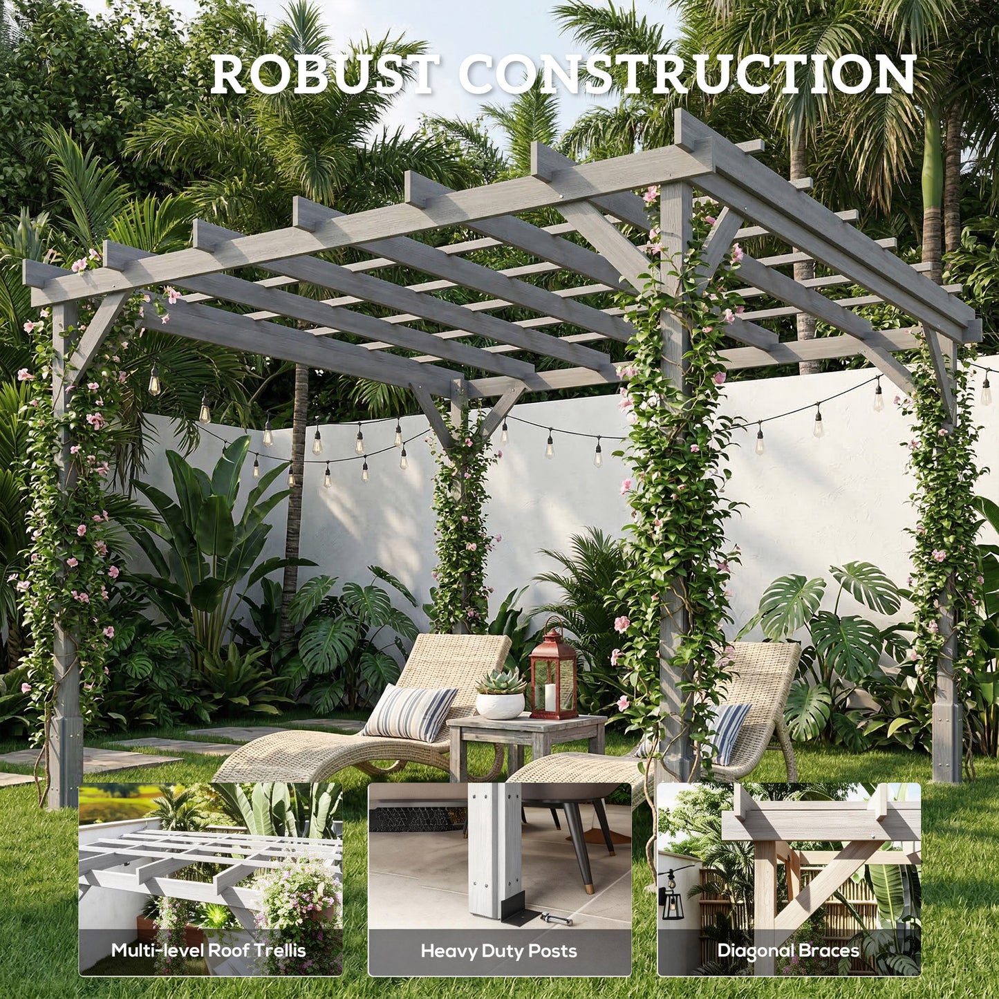 Outsunny 3 x 3 m Wooden Pergola Kit For Garden Gazebo Shelter Ideal For Climbing Vines Grey