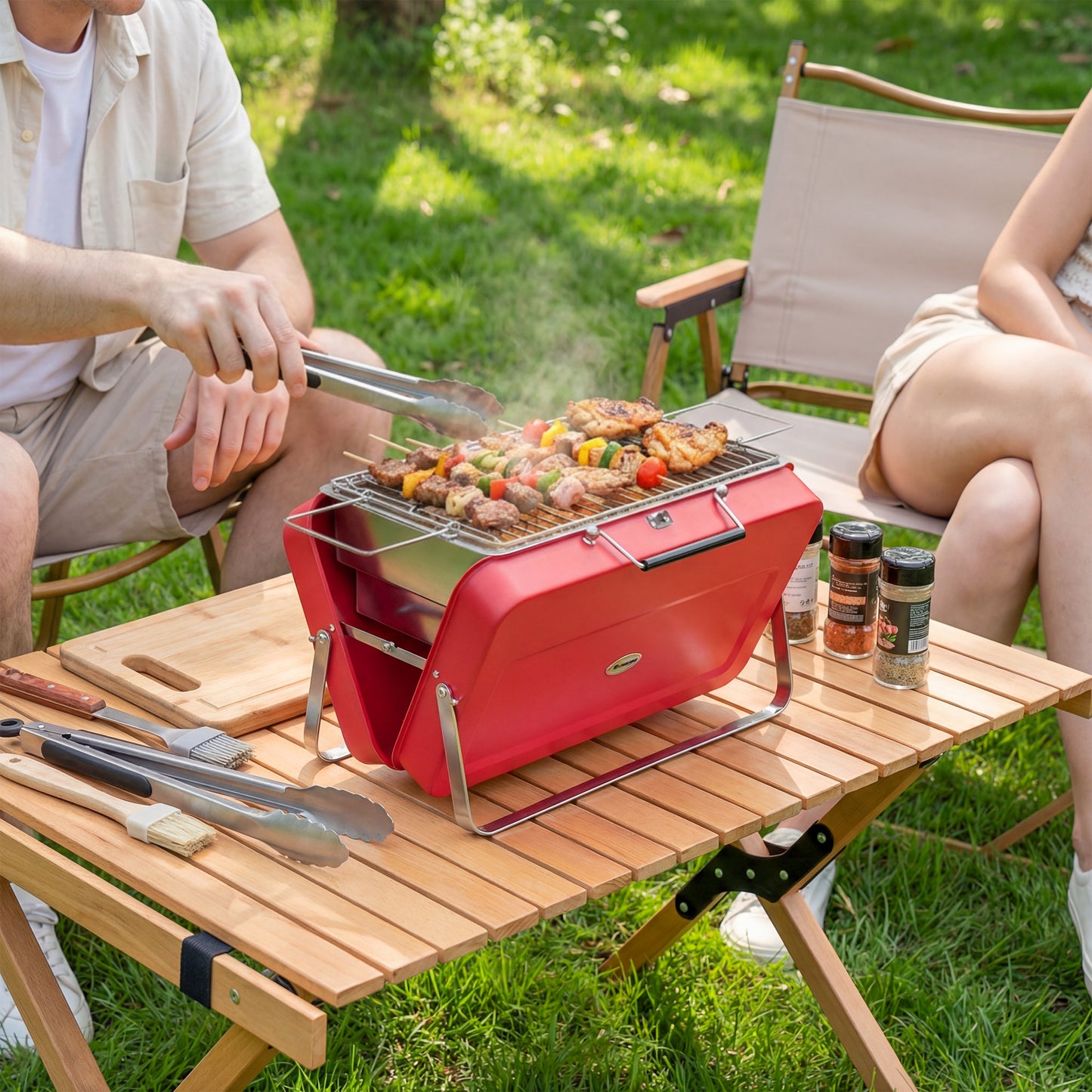 Outsunny Portable Mini Charcoal Grill With Suitcase Shell Folding Tabletop Outdoor BBQ Red