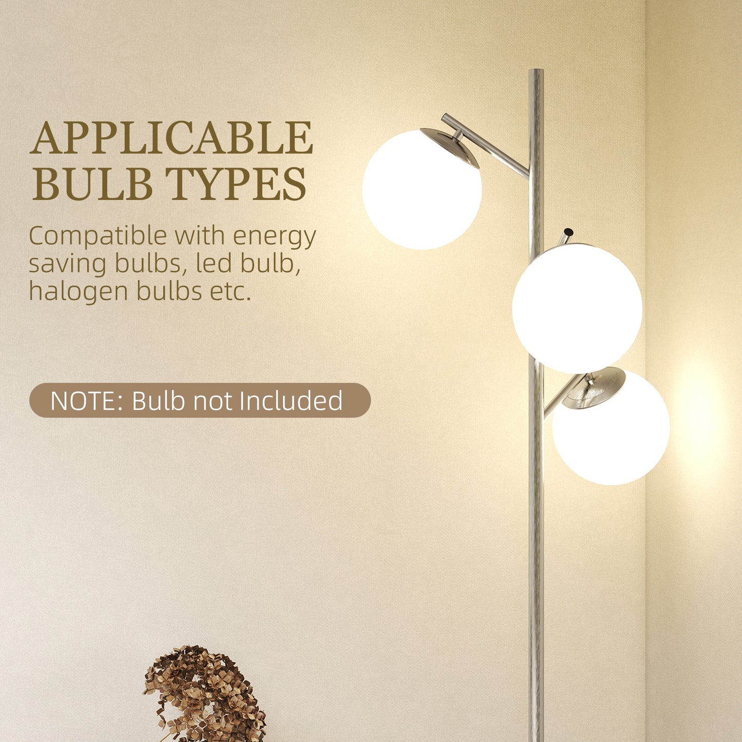 HOMCOM 3 Light Tree Floor Lamp With Globe Shades Modern Standing Lamp Living Room Bedroom 3000K 4000K 6000K Silver Tone