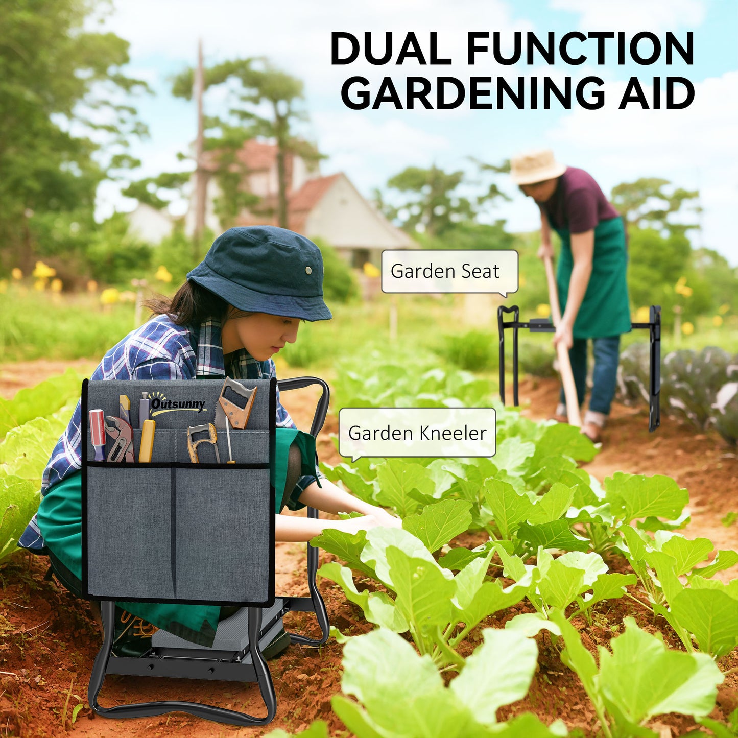 Outsunny Garden Kneeler With Steel Frame Padded Seat Foldable With Tool Bag Grey