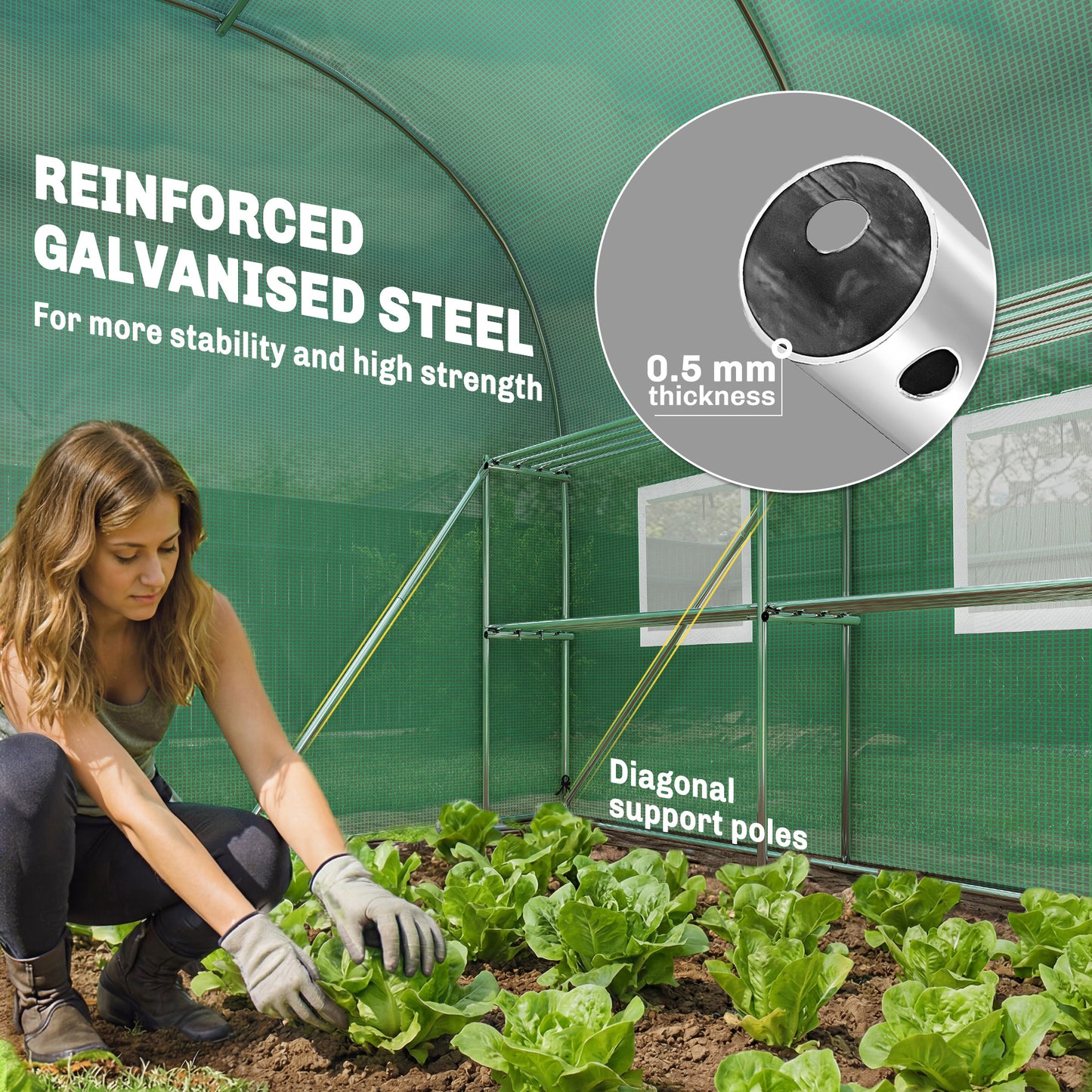 Outsunny Walk In Greenhouse Polytunnel With Shelves Roll Up Door 6 Mesh Windows UV Resistant 198 x 275 x 191 cm Green