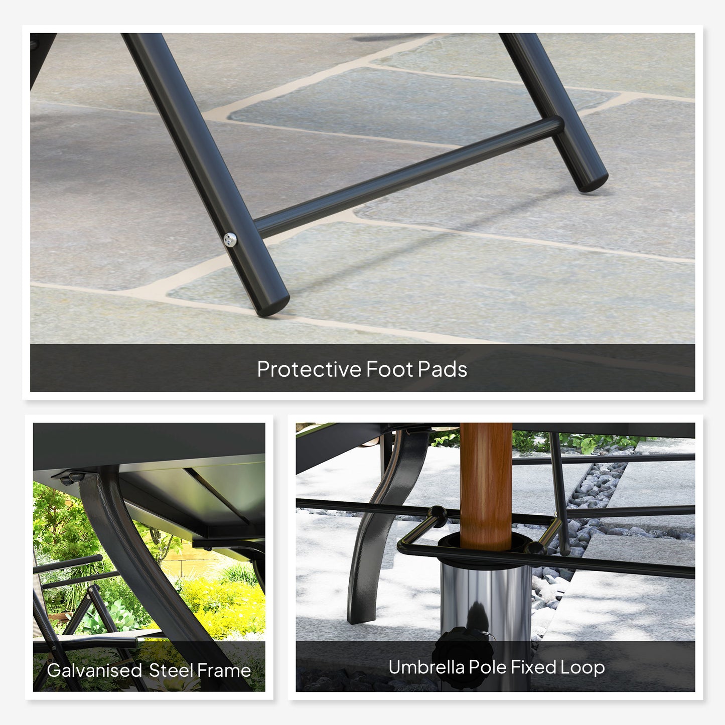 Outsunny Seven Piece Steel Outdoor Dining Set with Parasol Hole Khaki Rectangular Table and Six Folding Chairs