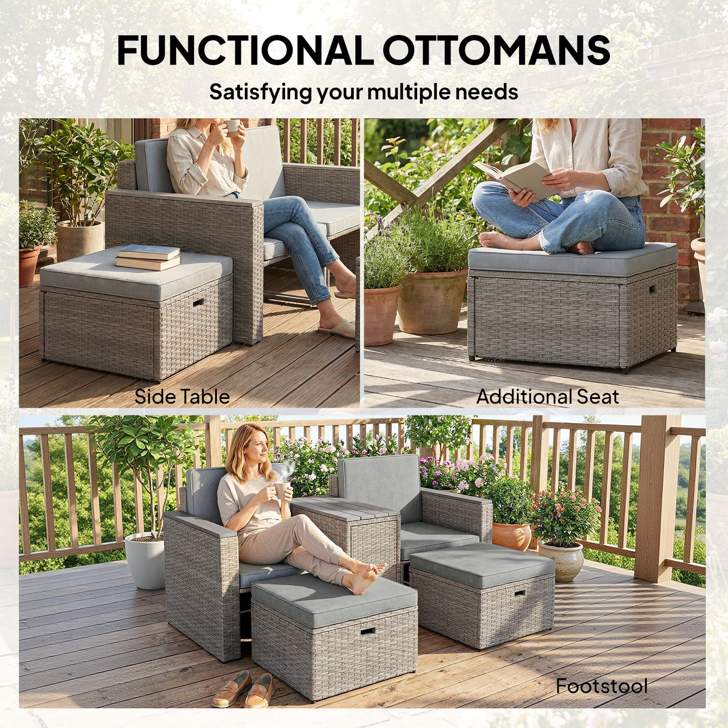 Outsunny 5 Piece Rattan Garden Furniture Set with Storage Table Cushions and Footstools in Dark Grey for Outdoor Patio