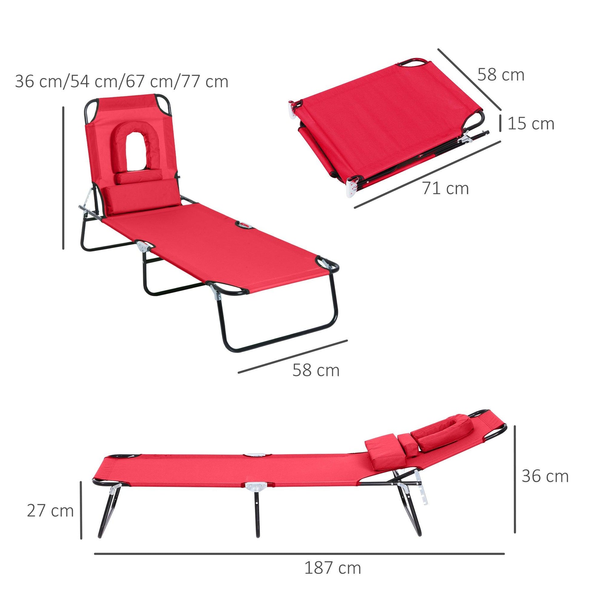 Outsunny Foldable Outdoor Sun Lounger Adjustable Backrest Reclining Chair with Pillow and Reading Hole Garden Beach, Red - ALL4U RETAILER LTD