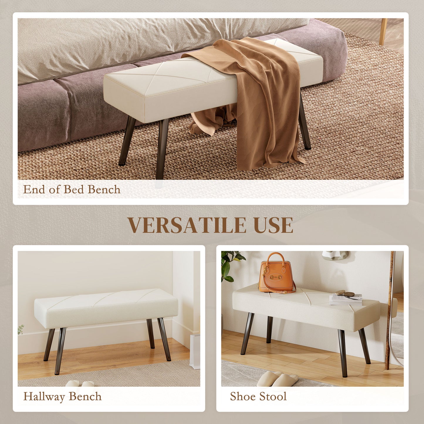 HOMCOM Cream Velvet Upholstered Hallway And End Of Bed Bench With X Shape Design And Steel Legs