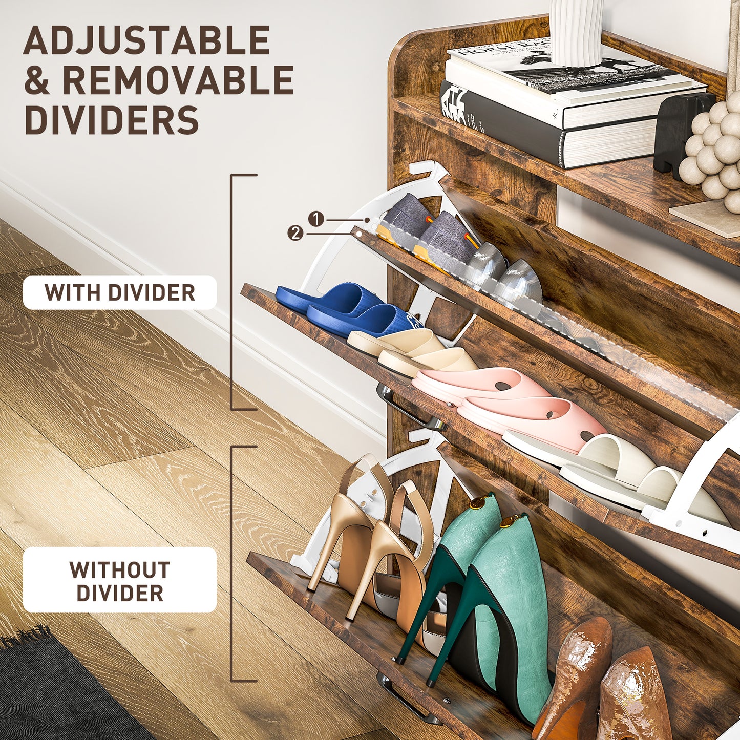 HOMCOM Narrow Shoe Cabinet With Two Flip Drawers And Adjustable Shelves Rustic Brown For Organization Up To 16 Pairs