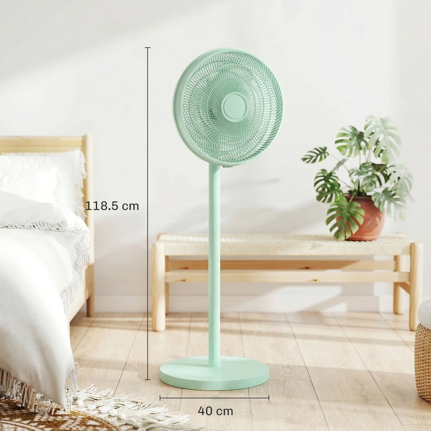 HOMCOM 40 cm Standing Floor Fan With 80 Degree Oscillation Adjustable Tilt And Height 4 Speeds Remote Control Green