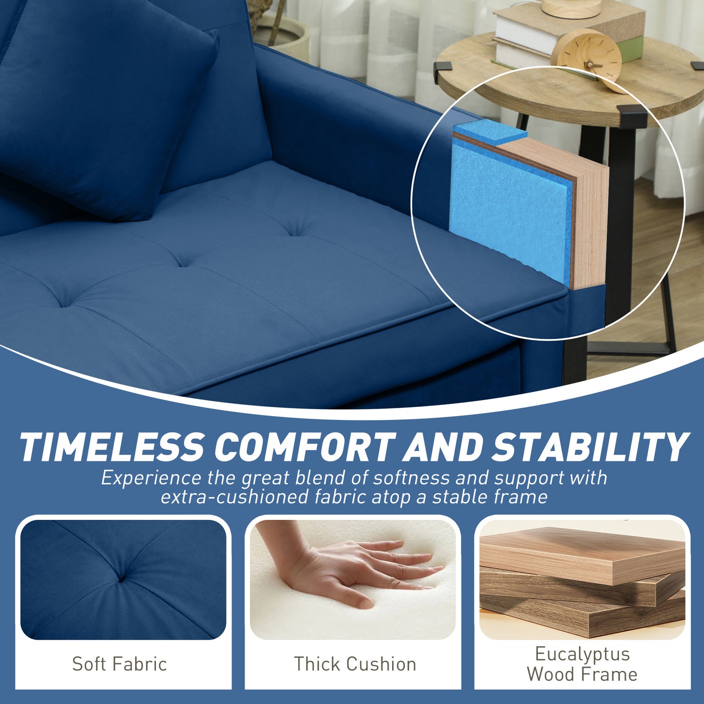 HOMCOM Velvet Feel Three Seater Sofa Bed With Click Clack Mechanism On Wheels In Blue
