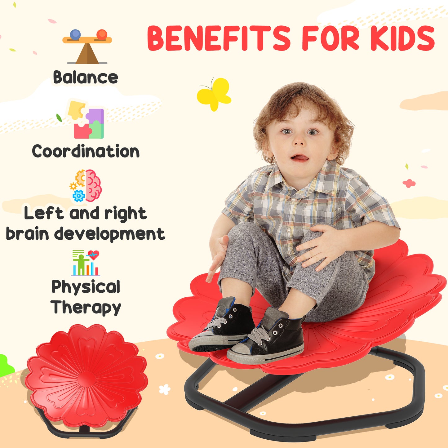 AIYAPLAY Flower Shaped Sensory Spinning Chair With Non Slip Base For Balance And Coordination Red