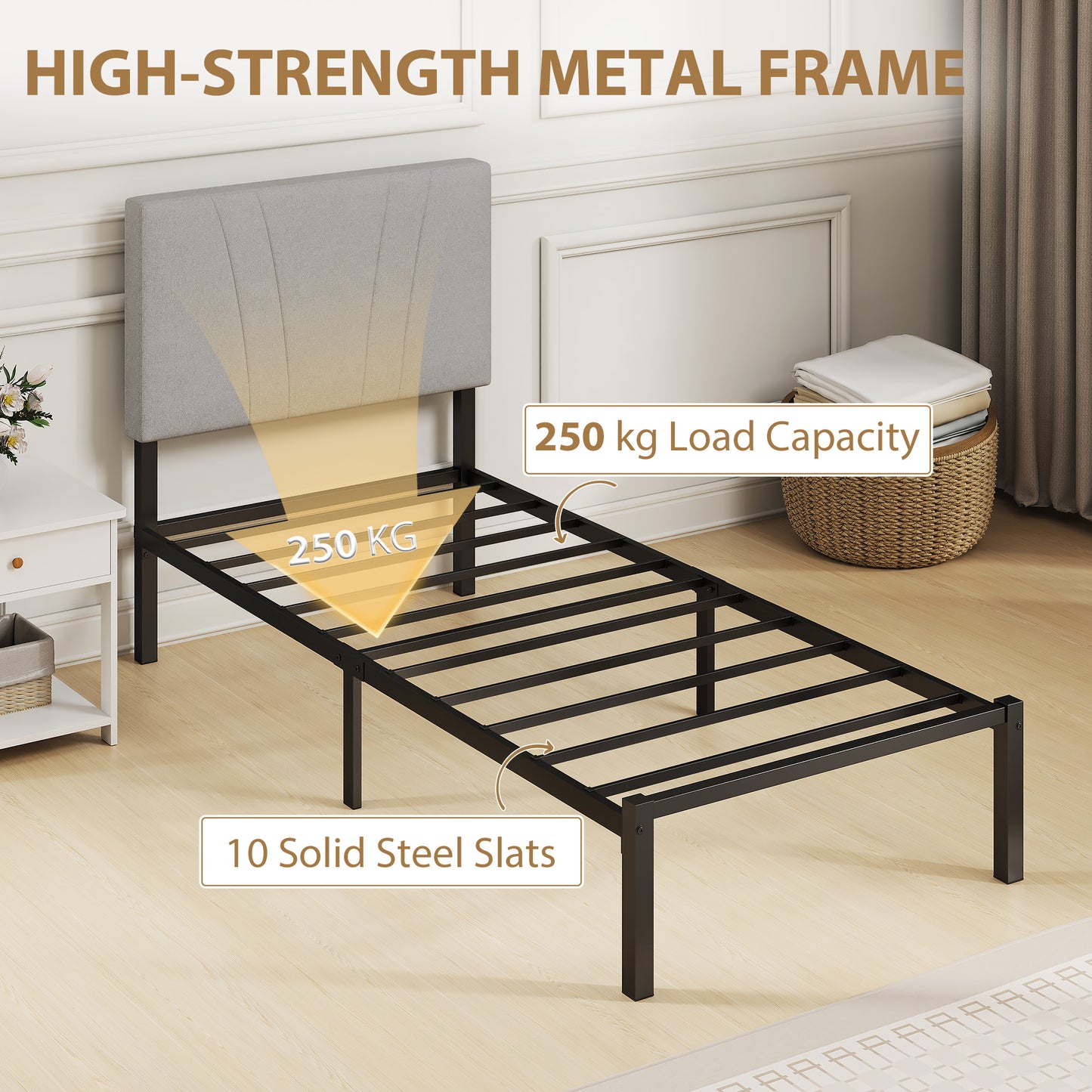 HOMCOM 3FT Single Bed Frame With Upholstered Headboard And Underbed Storage In Black And Light Grey