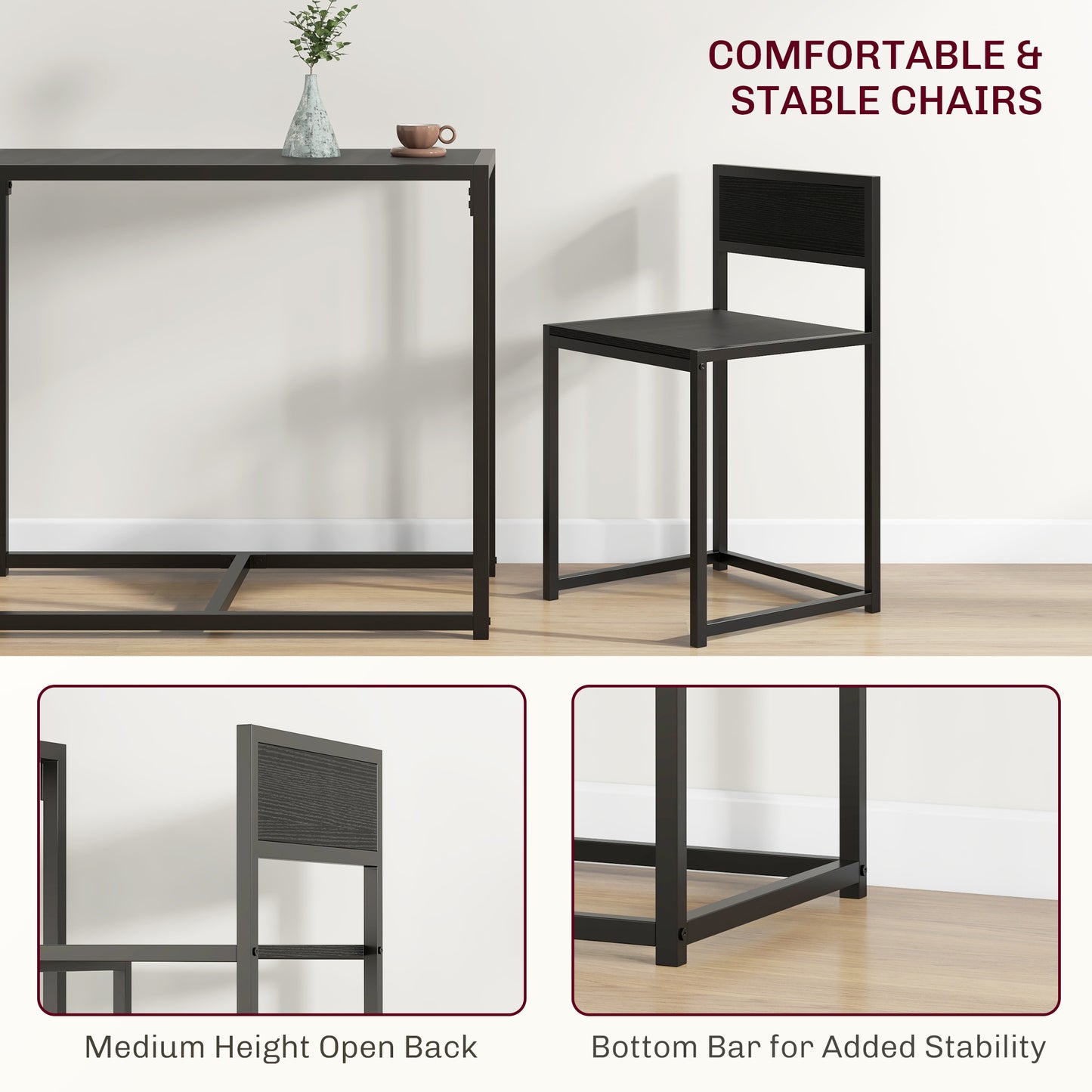 HOMCOM 2 Piece Dining Table and Chairs Set For Compact Kitchens Rectangular Space Saving Steel Frame Black