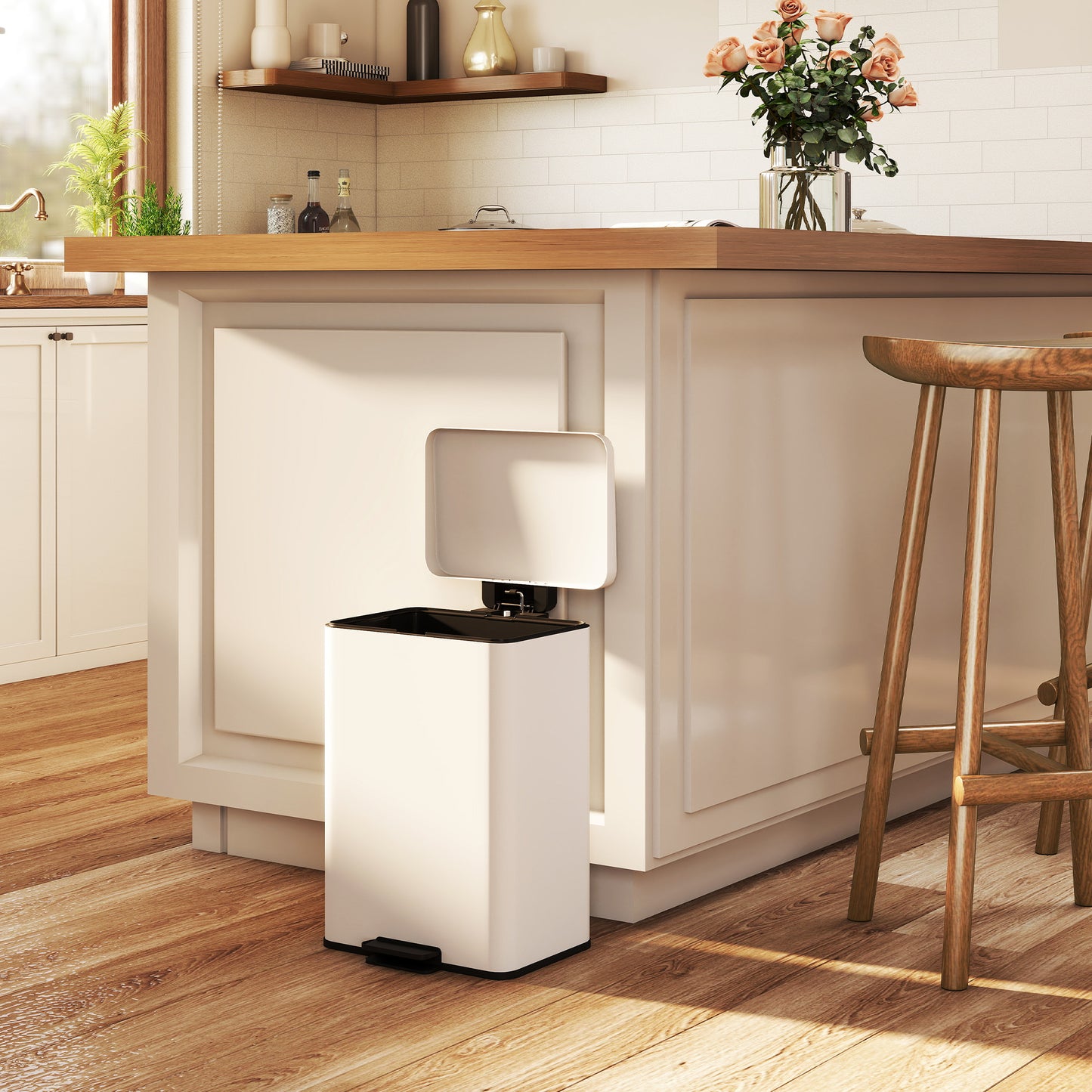 HOMCOM 20L Kitchen Bin With Soft Close Lid Stay Open Function Removable Inner Bucket Cream