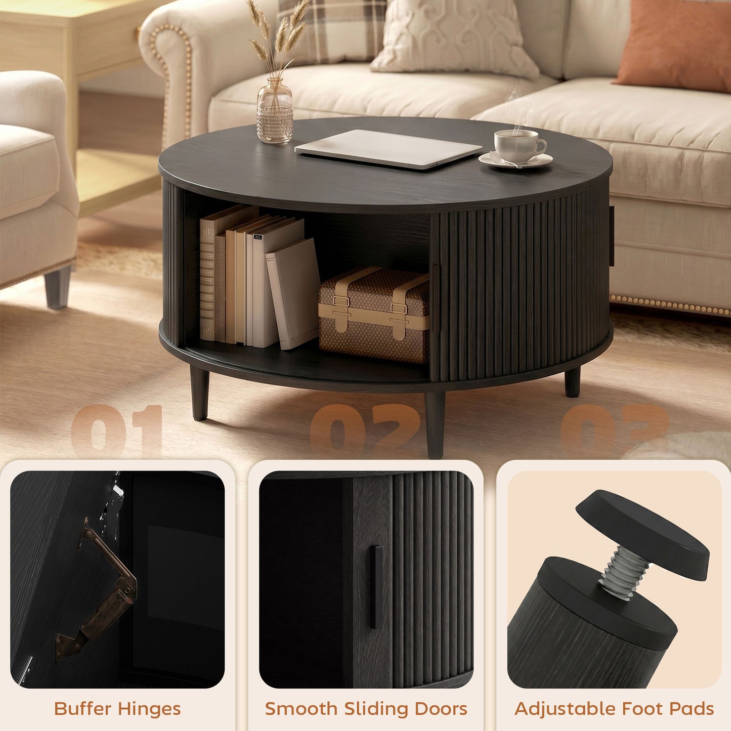HOMCOM Lift Top Round Coffee Table With Hidden Storage And Fluted Sliding Door 80 cm Black Wood Effect