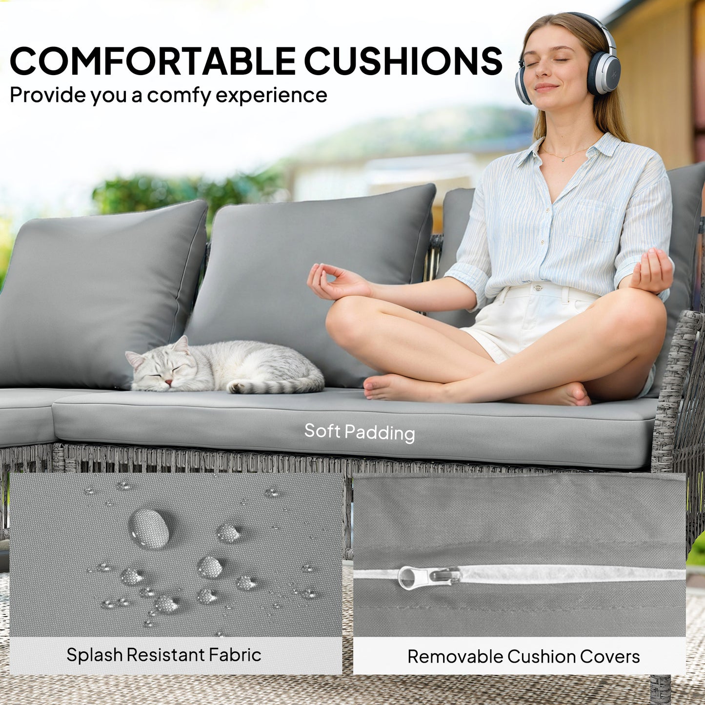 Outsunny 3 Piece Rattan Garden Furniture Set Corner Sofa With Chaise Lounge And Glass Coffee Table Dark Grey Cushions