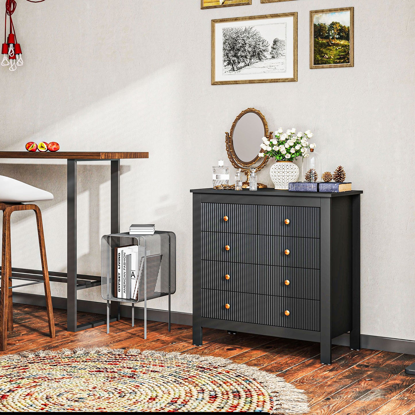 HOMCOM Five Drawer Chest Of Drawers In Black With Ridged Fronts And Gold Handles