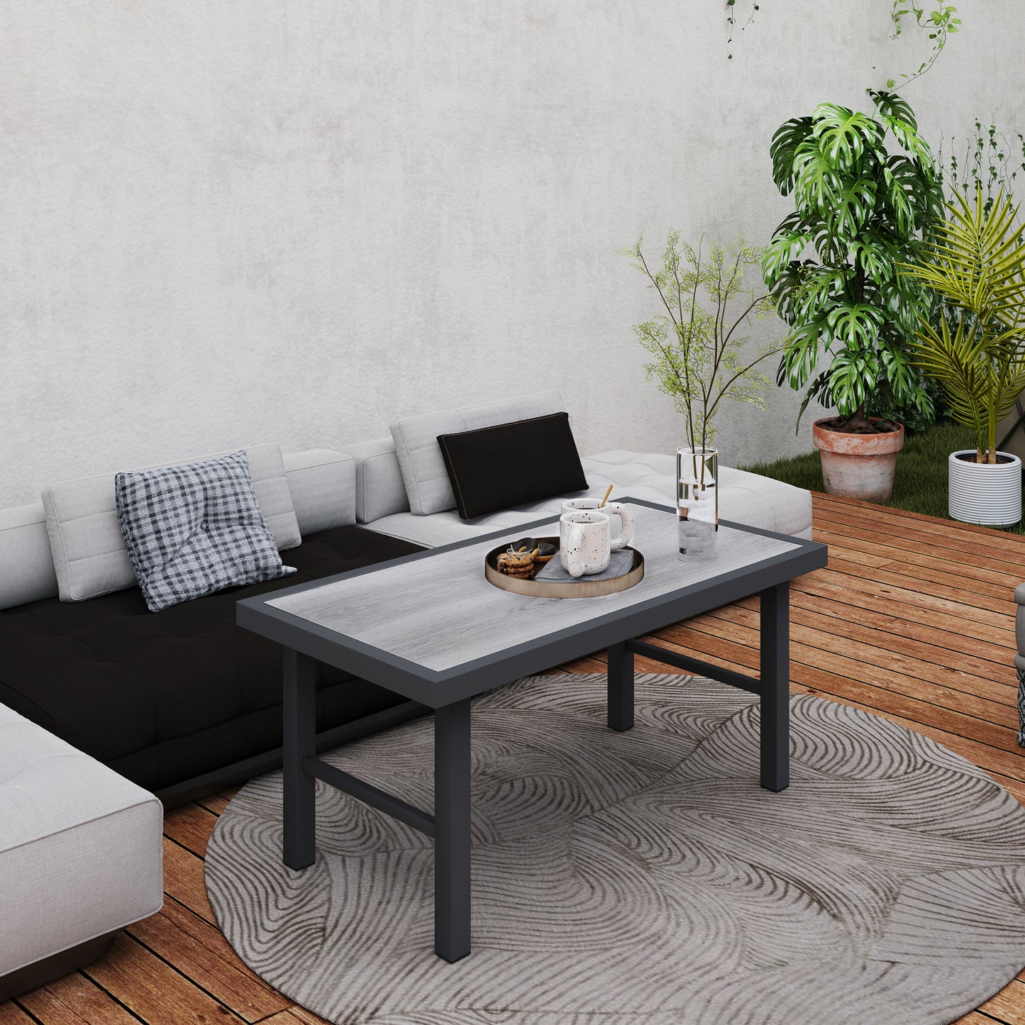 Outsunny Metal Garden Coffee Table With SPC Woodgrain Tabletop For Outdoor Garden Balcony Porch 100 X 53 X 46 cm Grey