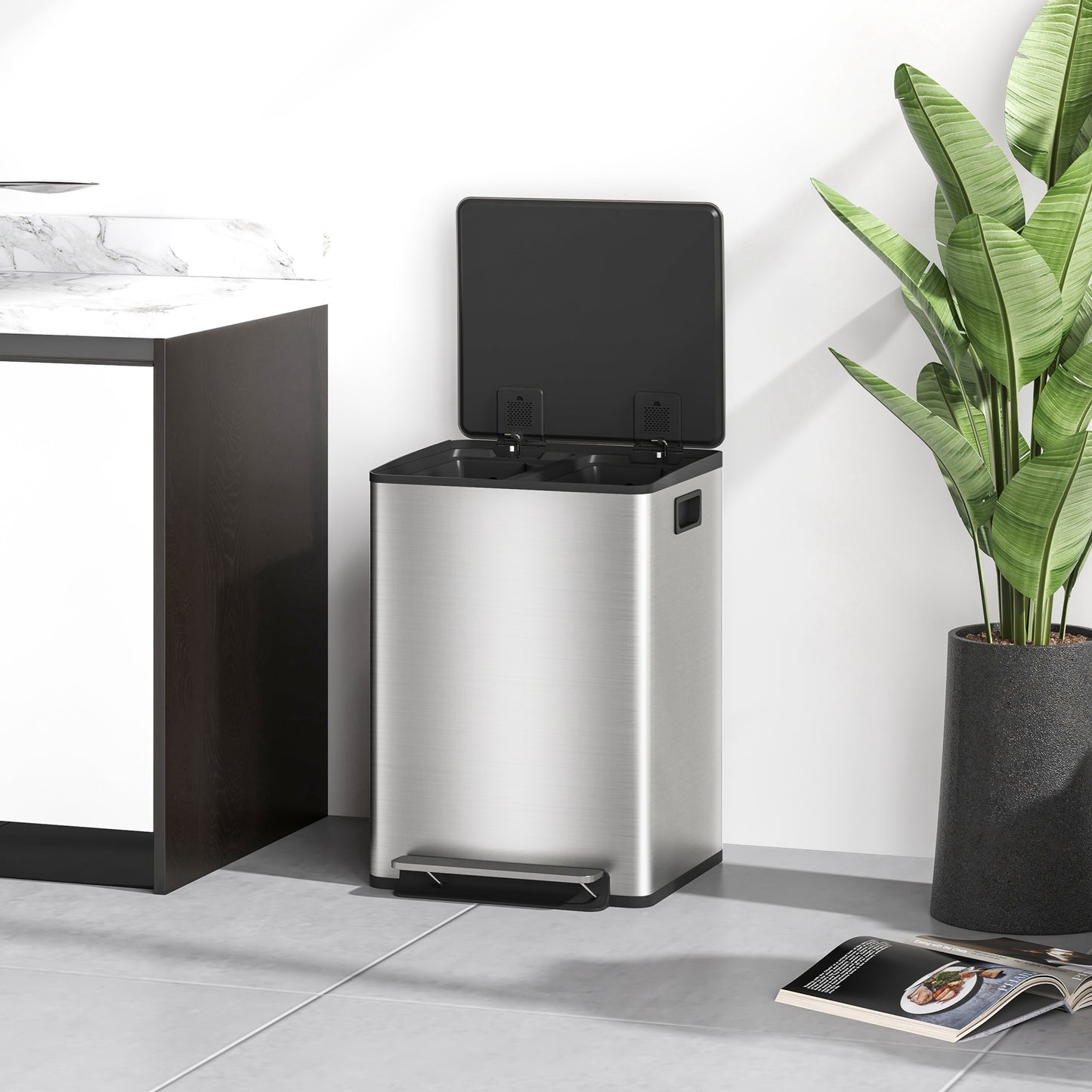 HOMCOM 40L Dual Compartment Stainless Steel Bin With Deodoriser Holders Silver Tone