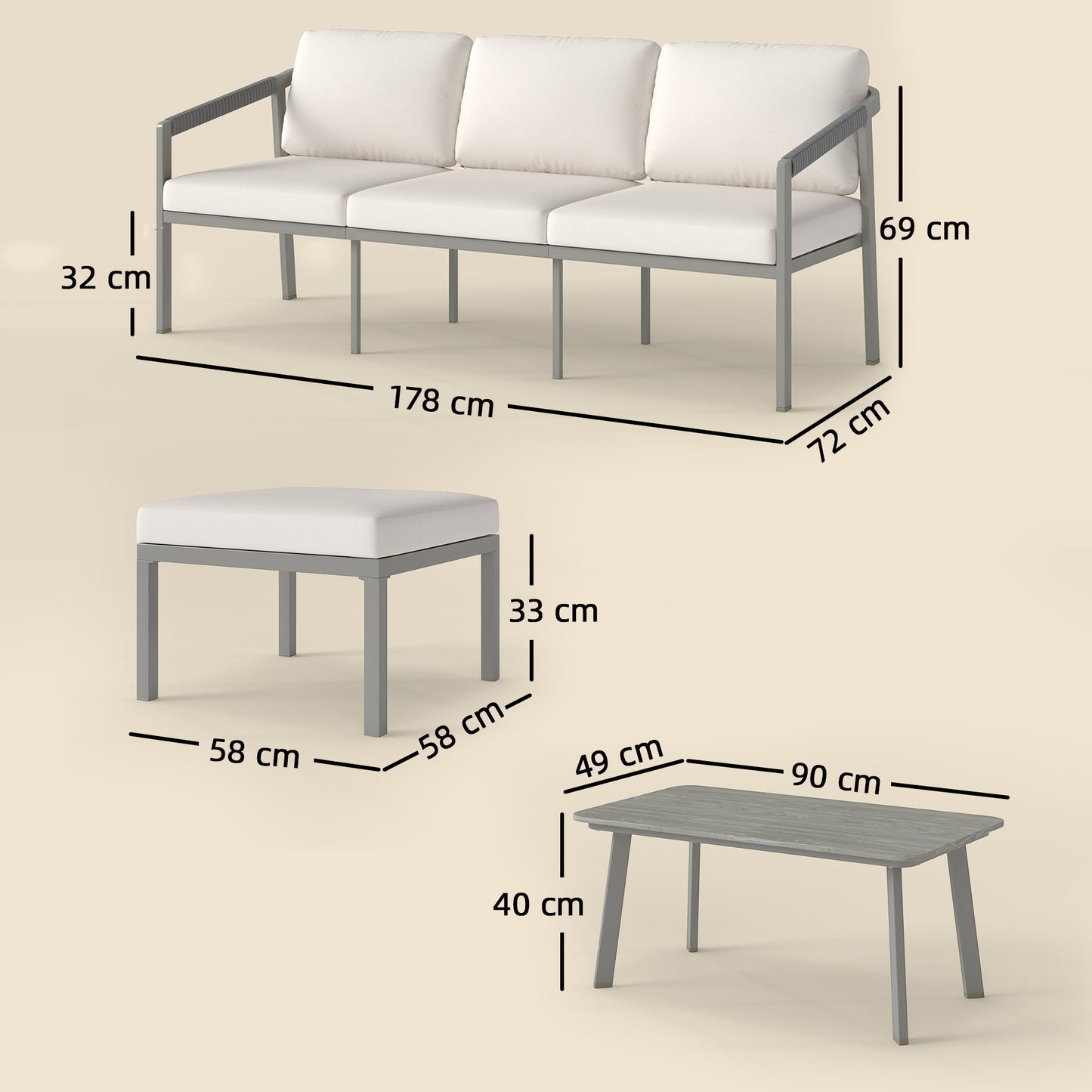 Outsunny 3 Piece Dining Set Outdoor Patio Furniture With 3 Seater Sofa Footstool Coffee Table Cushions