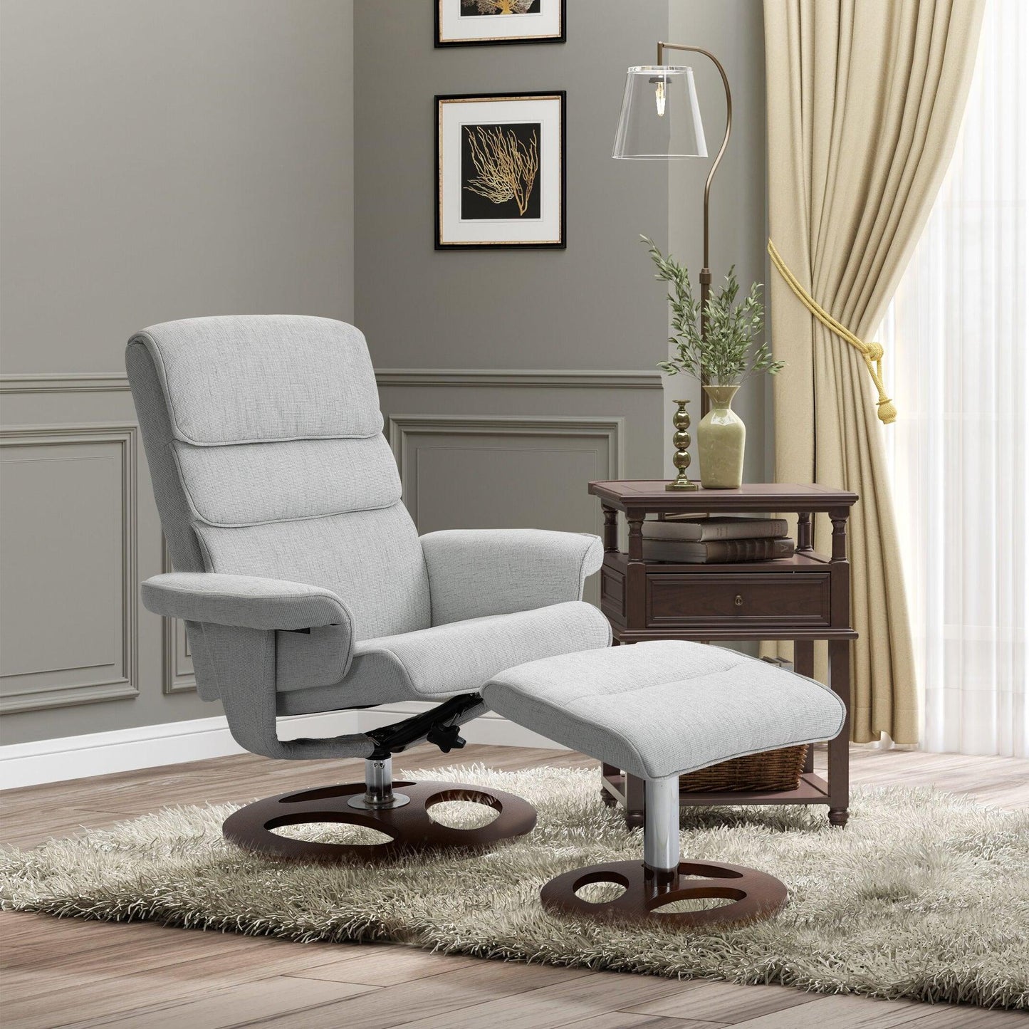 HOMCOM Recliner Chair Ottoman Set 360° Swivel Sofa Wood Base Grey - ALL4U RETAILER LTD