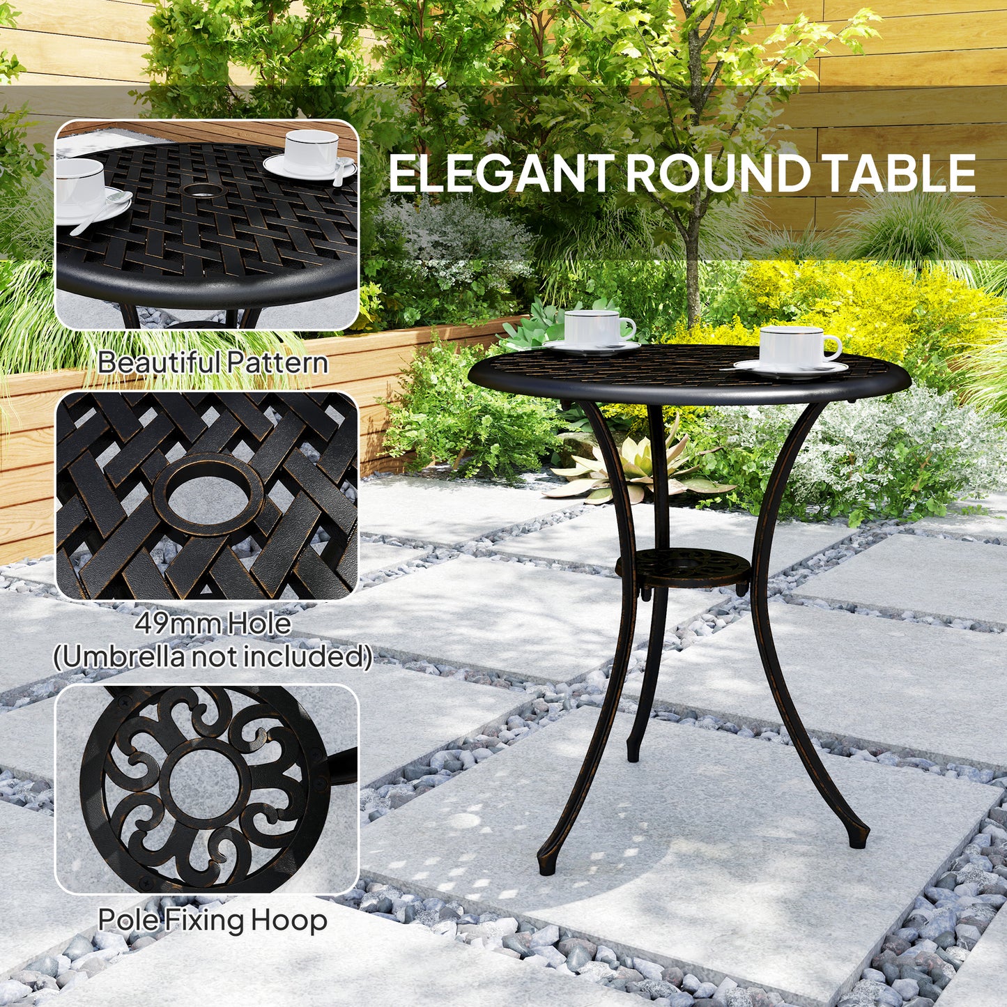 Outsunny 3 Piece Garden Dining Set For 2 Cast Aluminum Round Table With Parasol Hole And 2 Armchairs