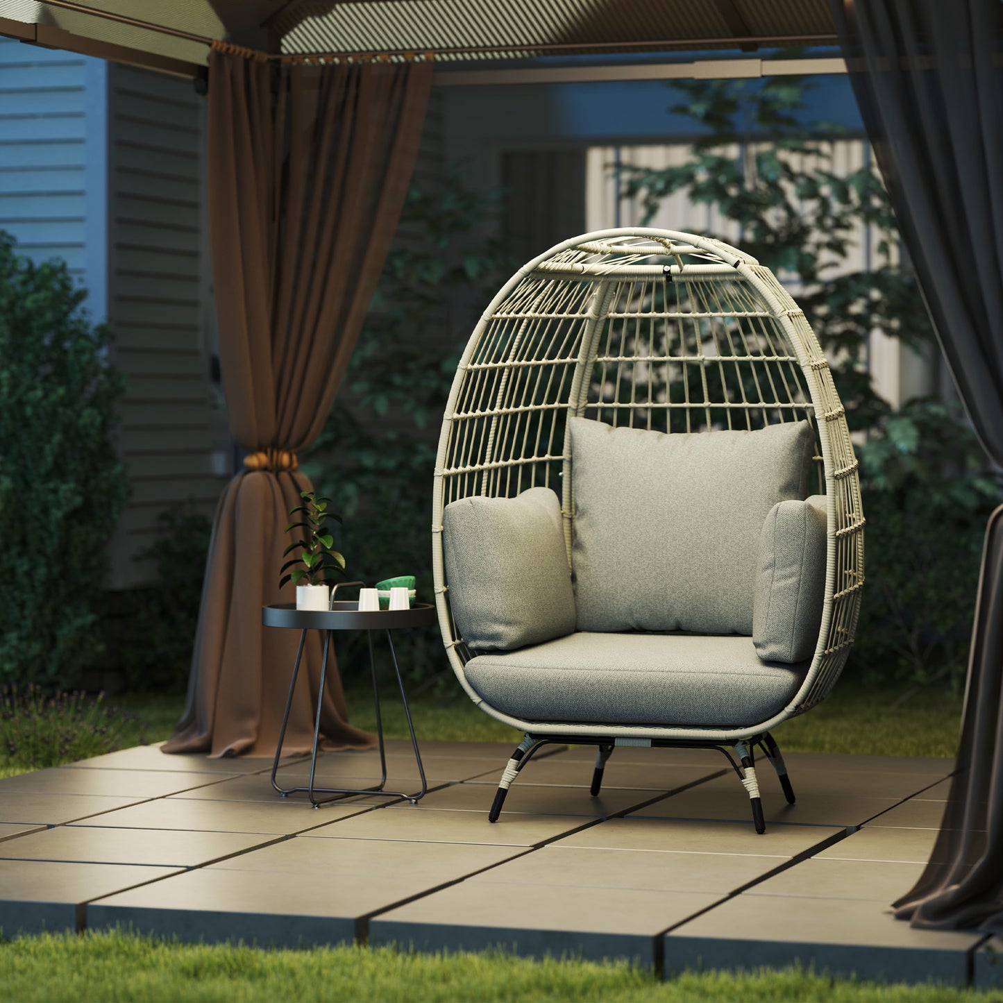 Outsunny Rattan Egg Chair With Cushions And Pillows Charcoal Grey Standing Indoor Outdoor Use