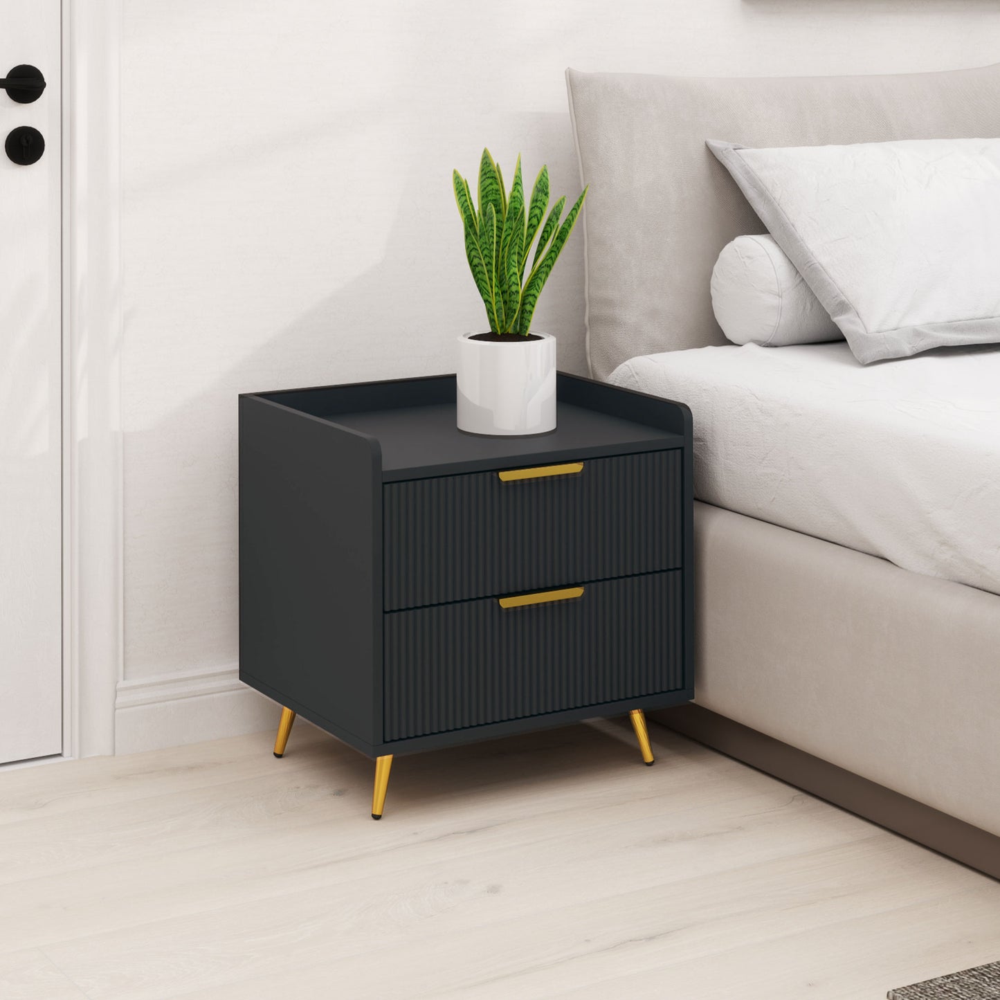 HOMCOM Black Two Drawer Bedside Table Nightstand With Ridged Fronts And Gold Handles