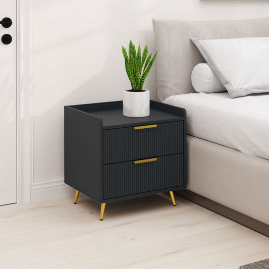 HOMCOM Black Two Drawer Bedside Table Nightstand With Ridged Fronts And Gold Handles