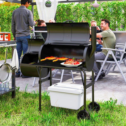 Outsunny Portable Charcoal Barbecue Grill With Offset Smoker 109 By 60 By 120 Cm Black Outdoor