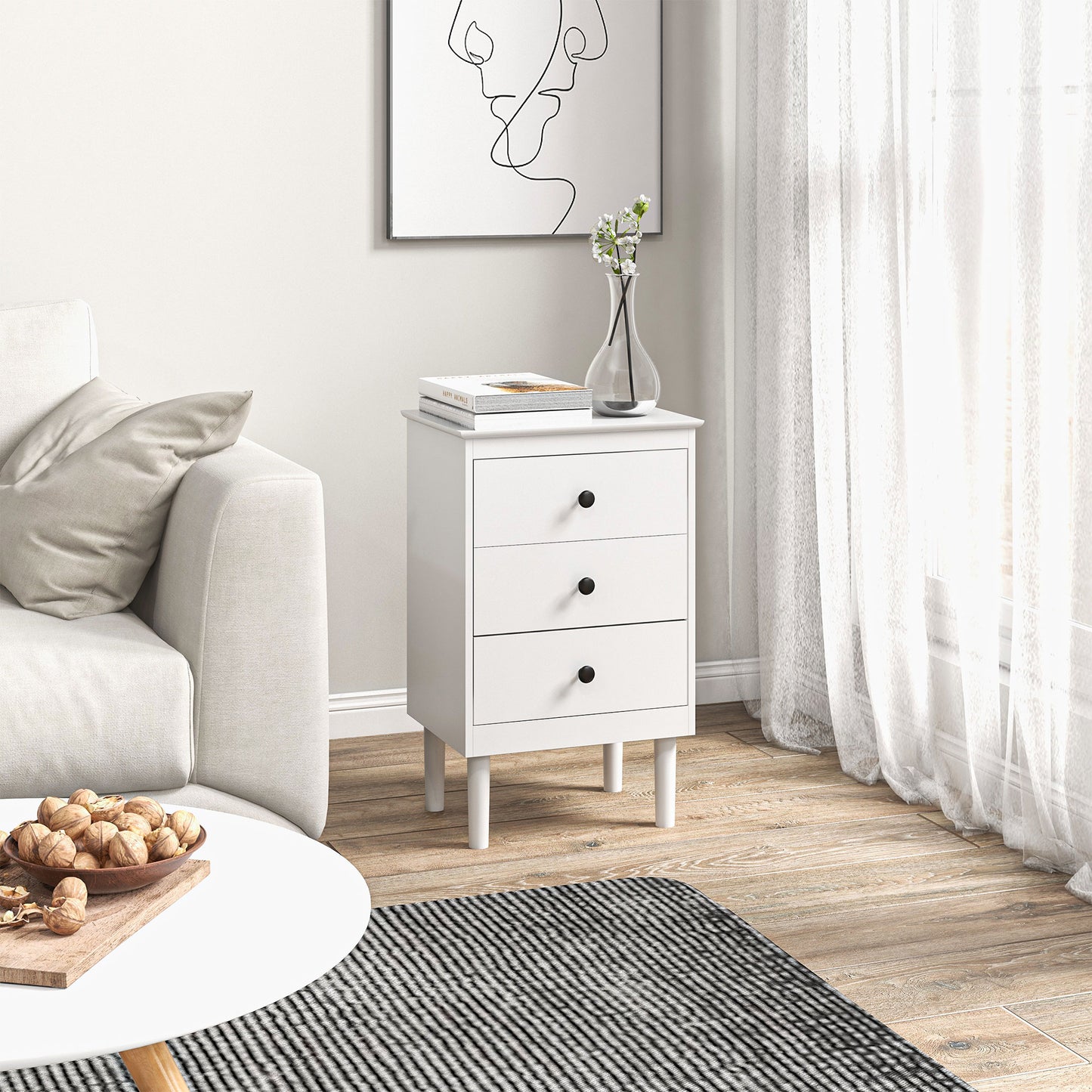 HOMCOM White Set Of Two Three Drawer Bedside Tables With Black Handles For Nightstand Storage