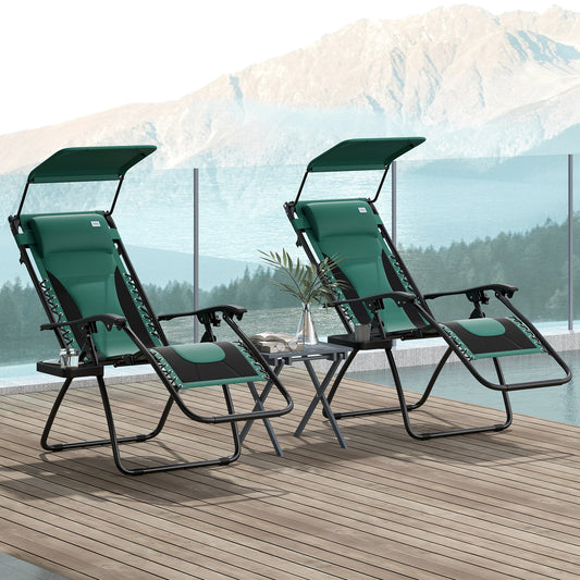 Outsunny Zero Gravity Lounger Set Of 2 Folding Patio Chairs With Shade Cover Padded Seats Cup Holder For Camping Green