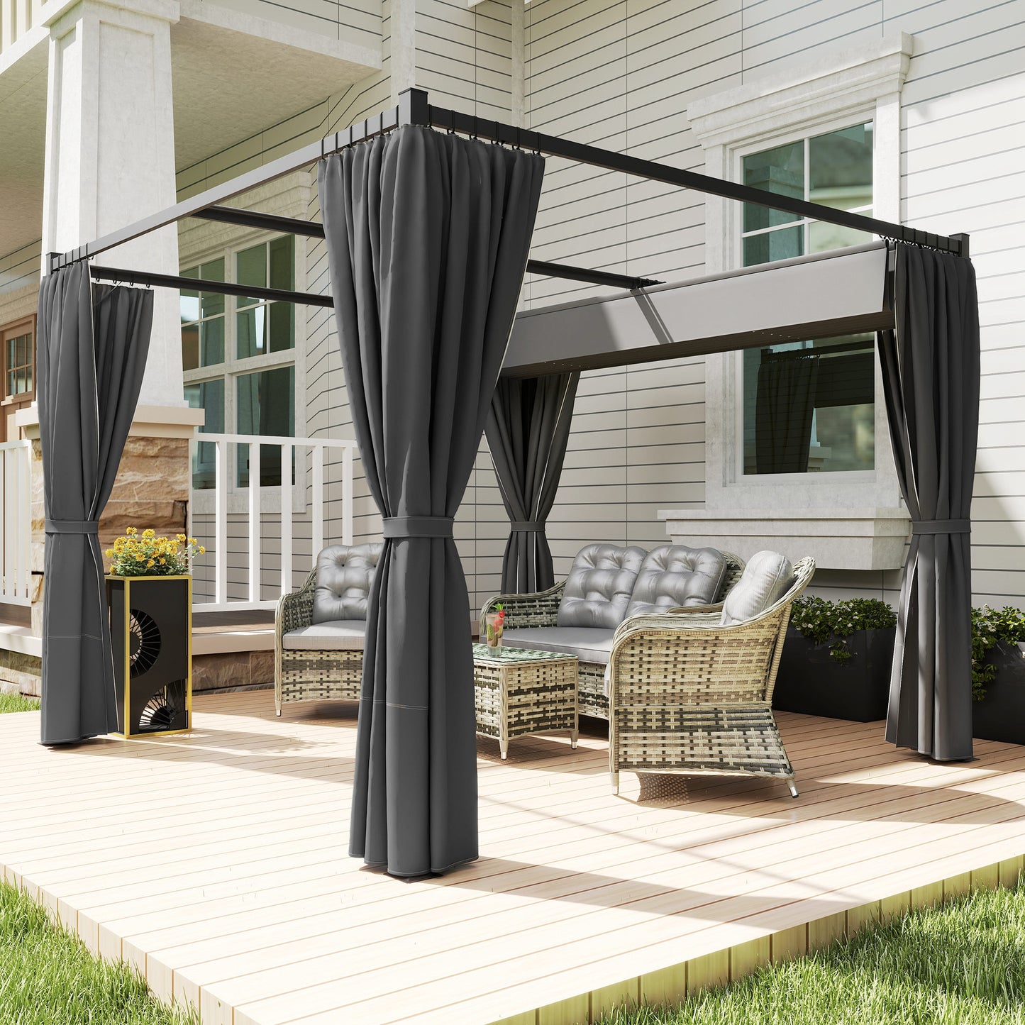 Outsunny 3x3 Meter Retractable Pergola Gazebo With Curtains For Patio Deck Garden Charcoal Grey