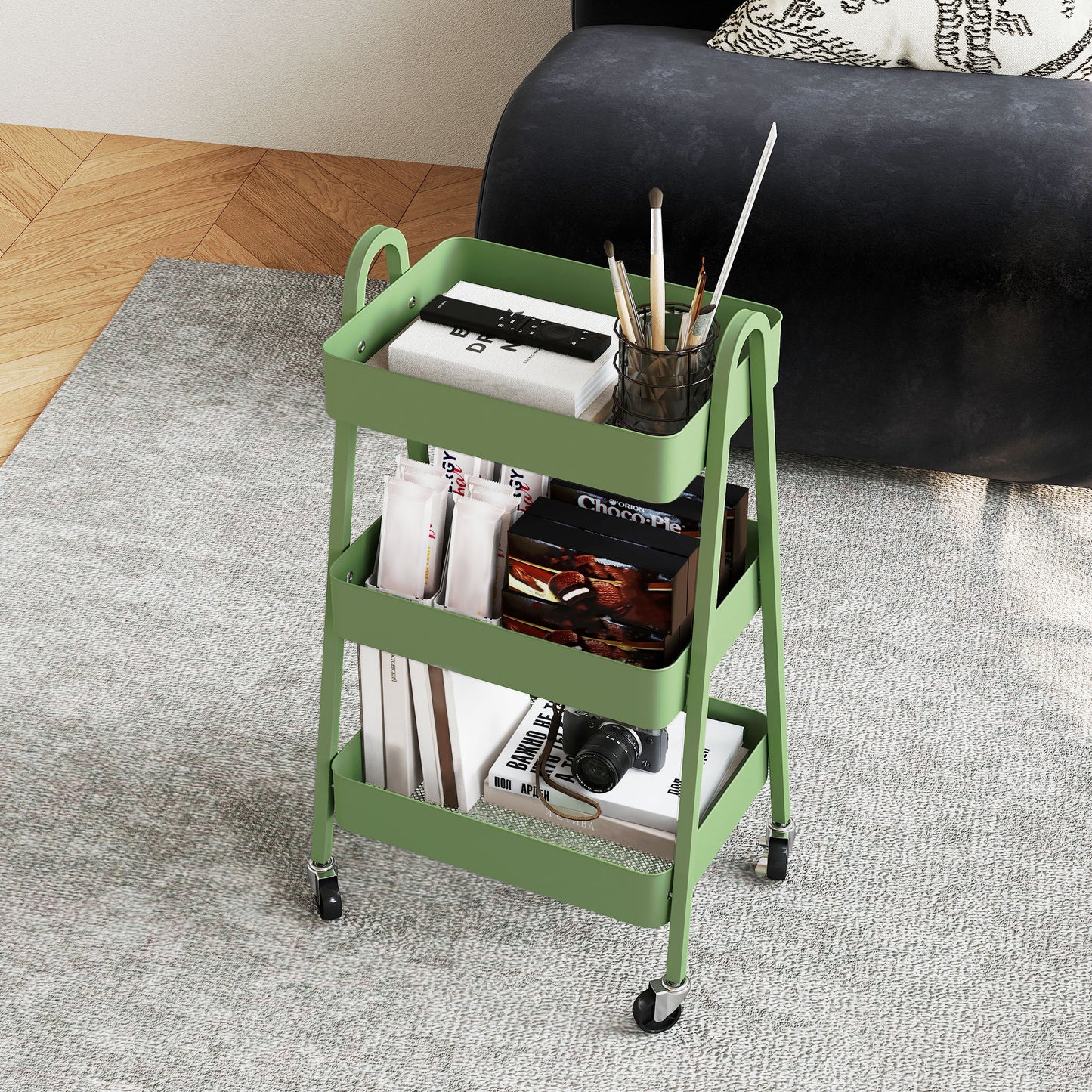HOMCOM Three Tier Storage Trolley On Wheels With Mesh Trays Four Wheels And Brakes Green