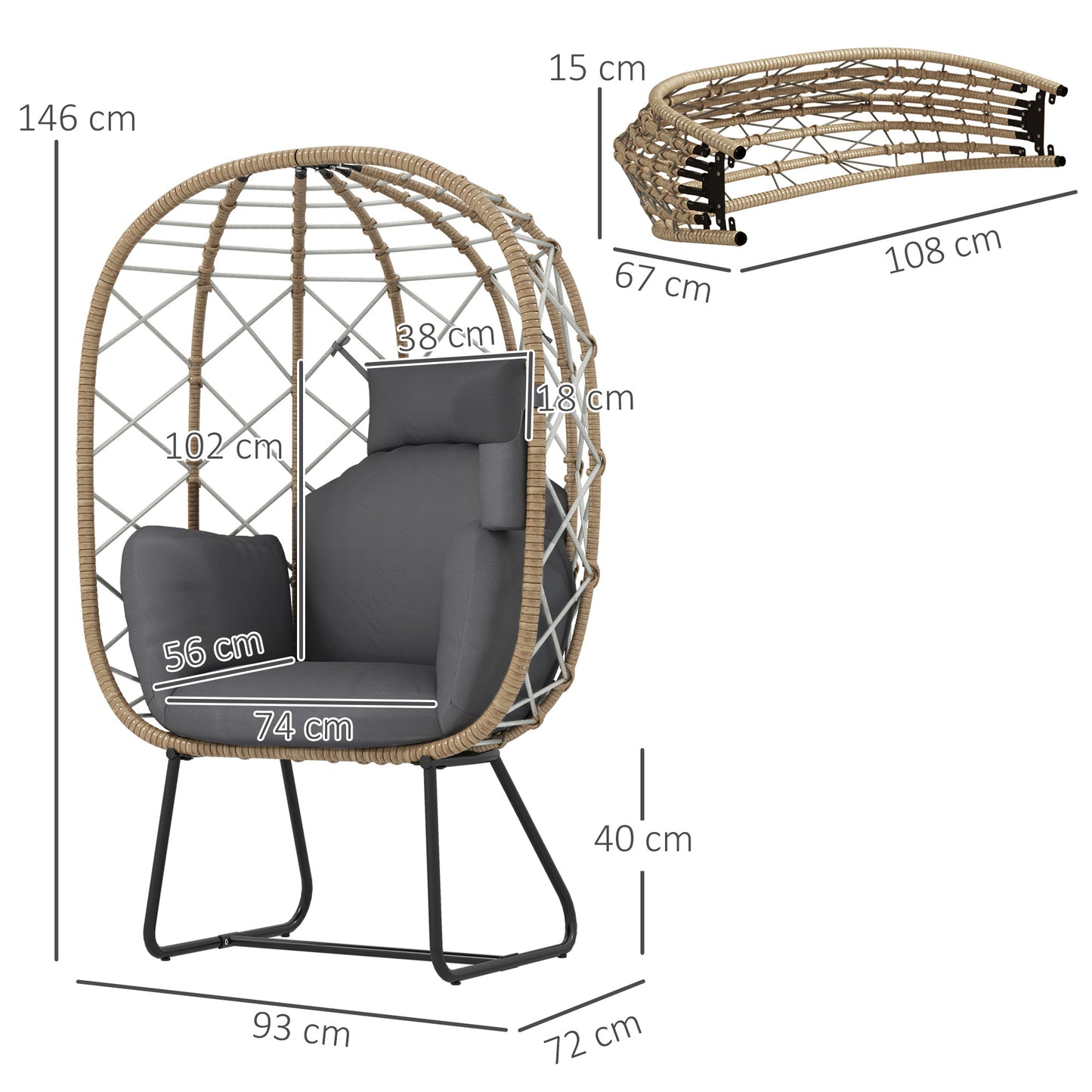 Outsunny Rattan Egg Chair With Thick Cushion And Headrest, Standing Garden Wicker Chair, Metal Frame For Patio Balcony