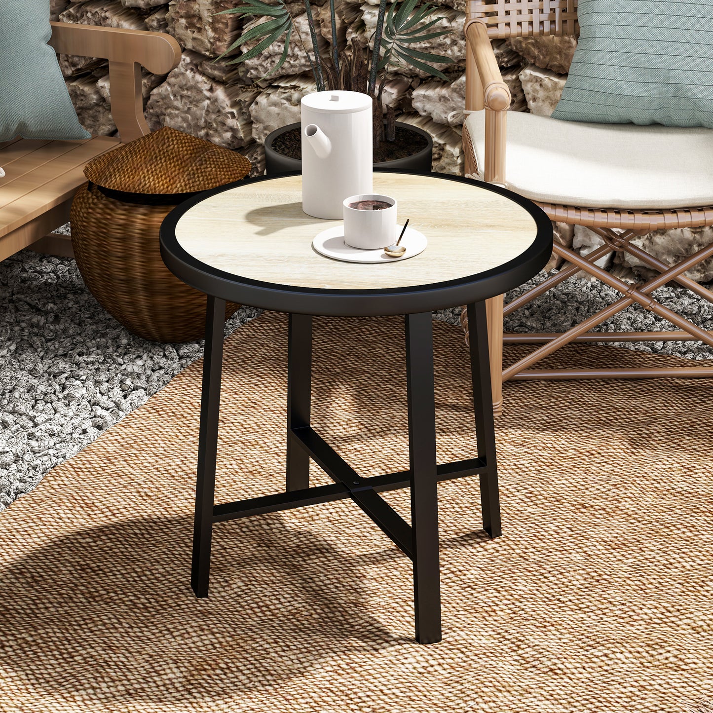 Outsunny Round Garden Table 50.5cm With SPC Tabletop And Metal Frame Anti Slip Feet Nature Wood Finish Outdoor Balcony