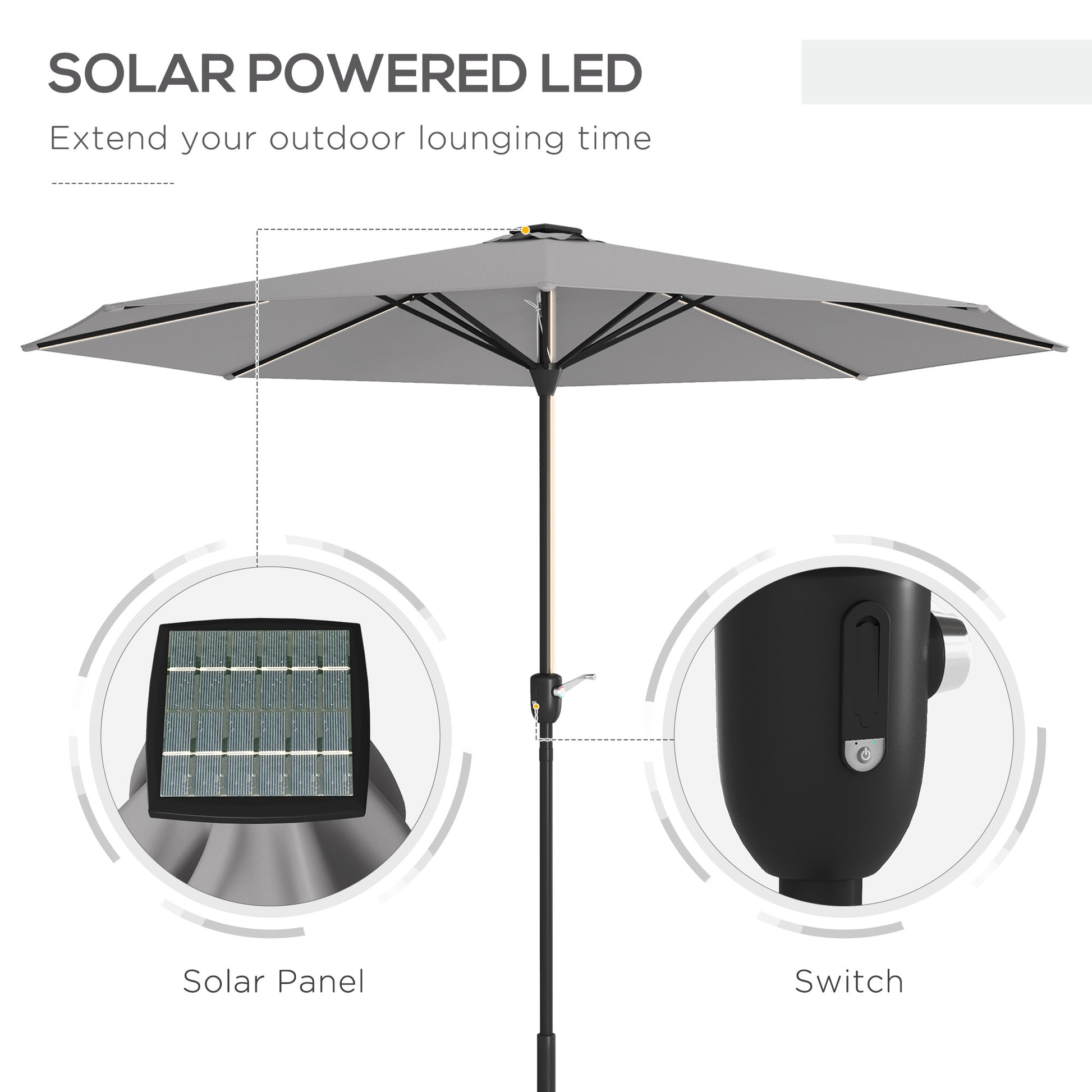 Outsunny Light Grey Solar-Powered LED Patio Umbrella with Crank Handle - ALL4U RETAILER LTD