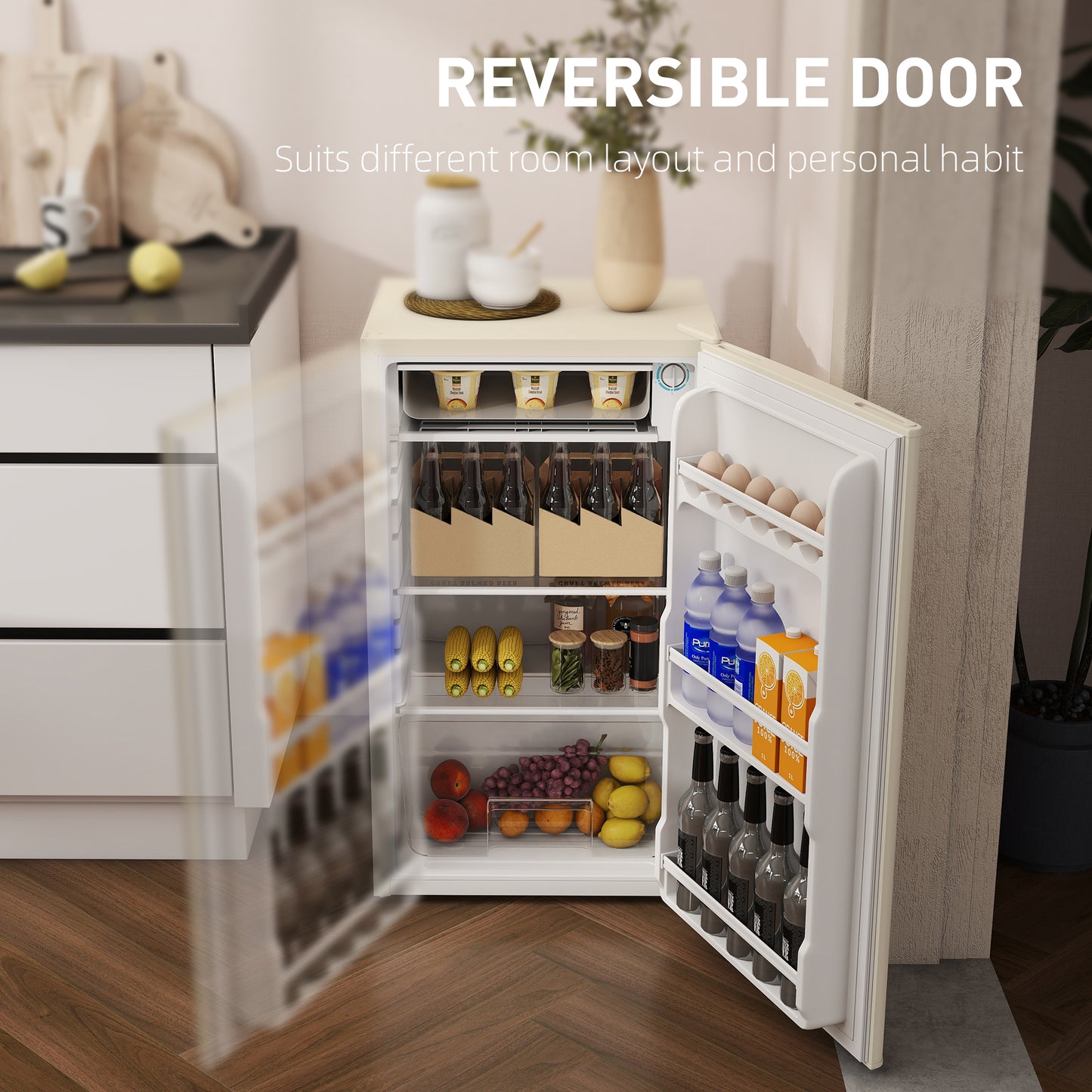 HOMCOM 91L Beige Under Counter Fridge with Chiller Box, Removable Shelf, Reversible Door, Adjustable Legs