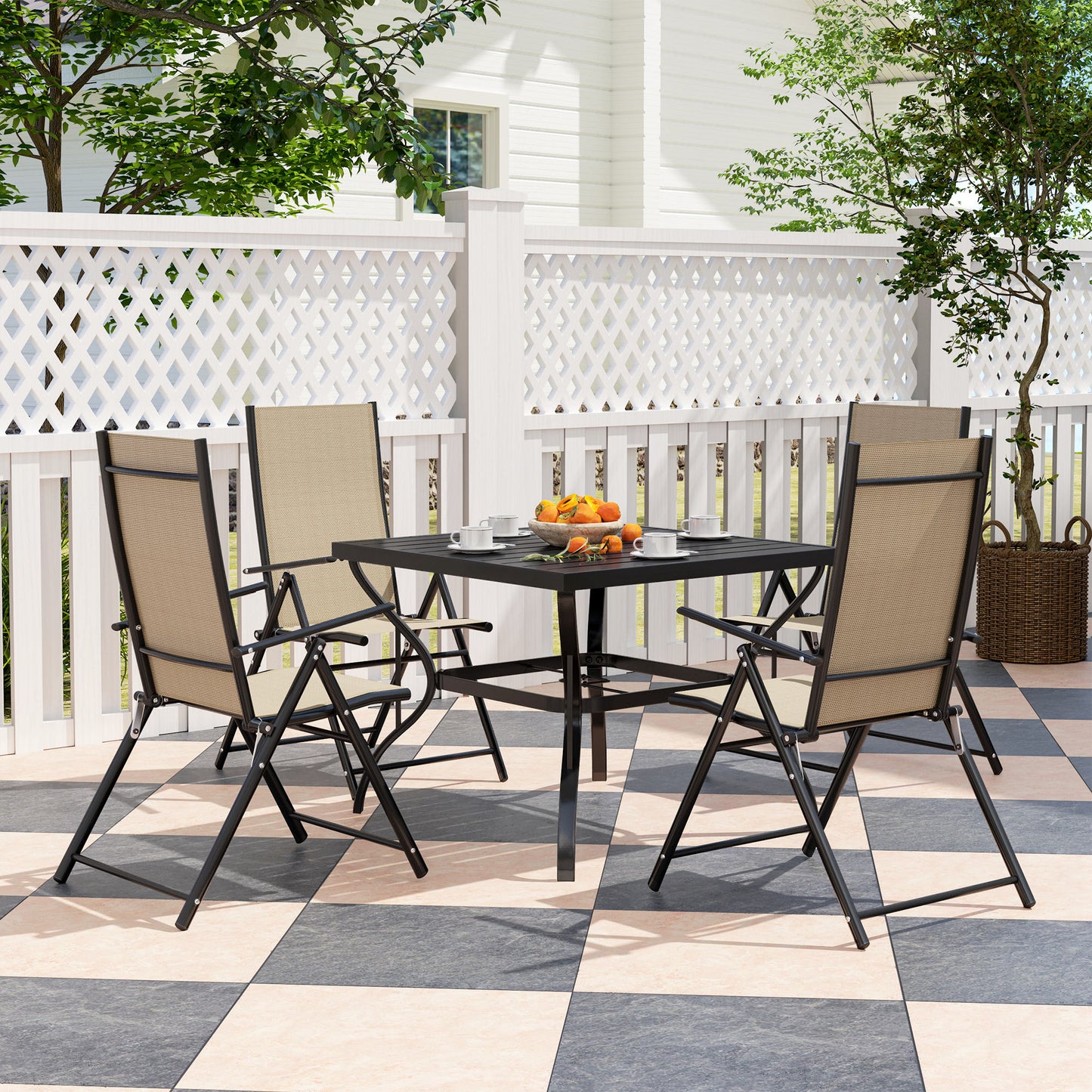 Outsunny Five Piece Steel Frame Outdoor Patio Set With Square Table And Folding Chairs Khaki And Black